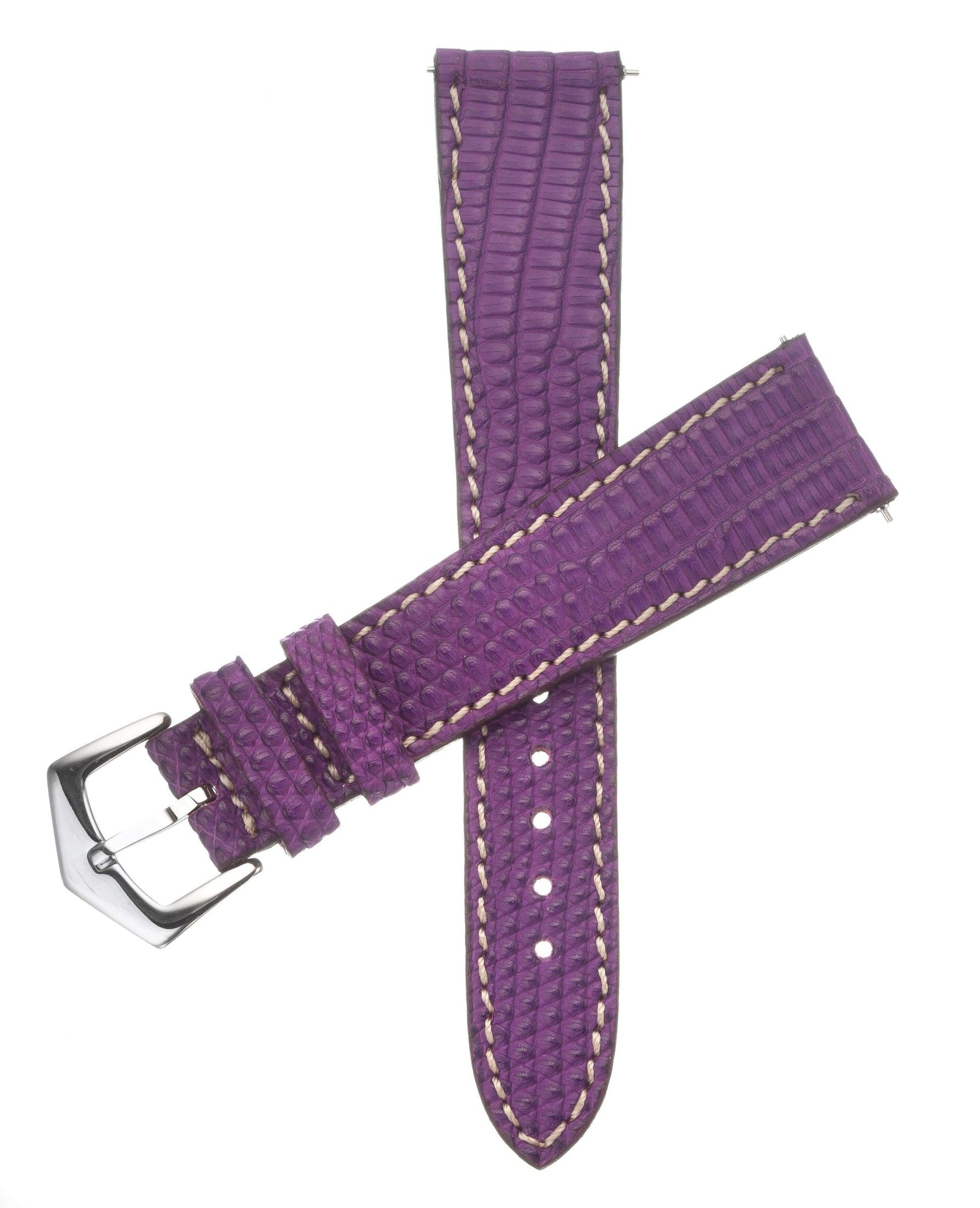 Purple leather watch straps featuring a stylish design with detailed stitching and a shiny metal buckle.