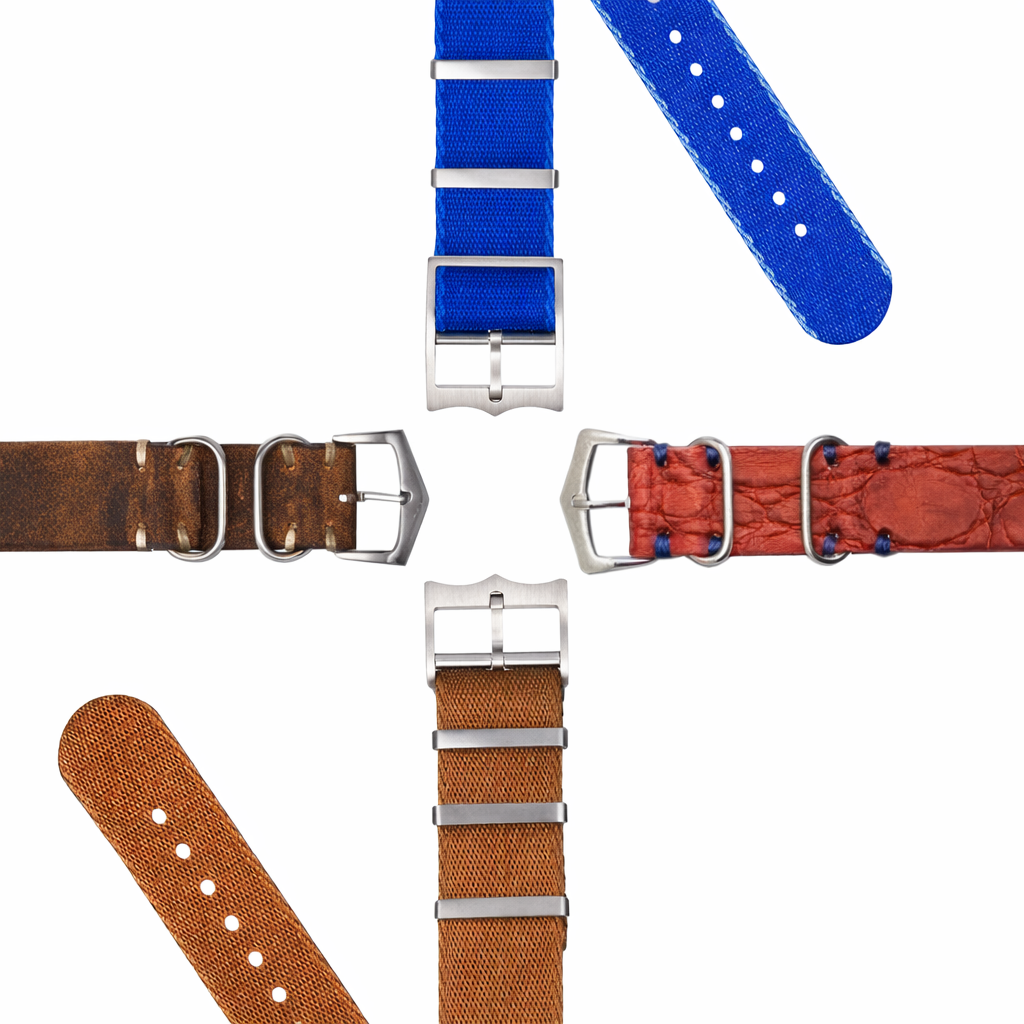 range of Nato straps, featuring both premium leather and high density nylon options. Designed for durability and everyday wear, each strap delivers a secure fit with a rugged yet refined look.