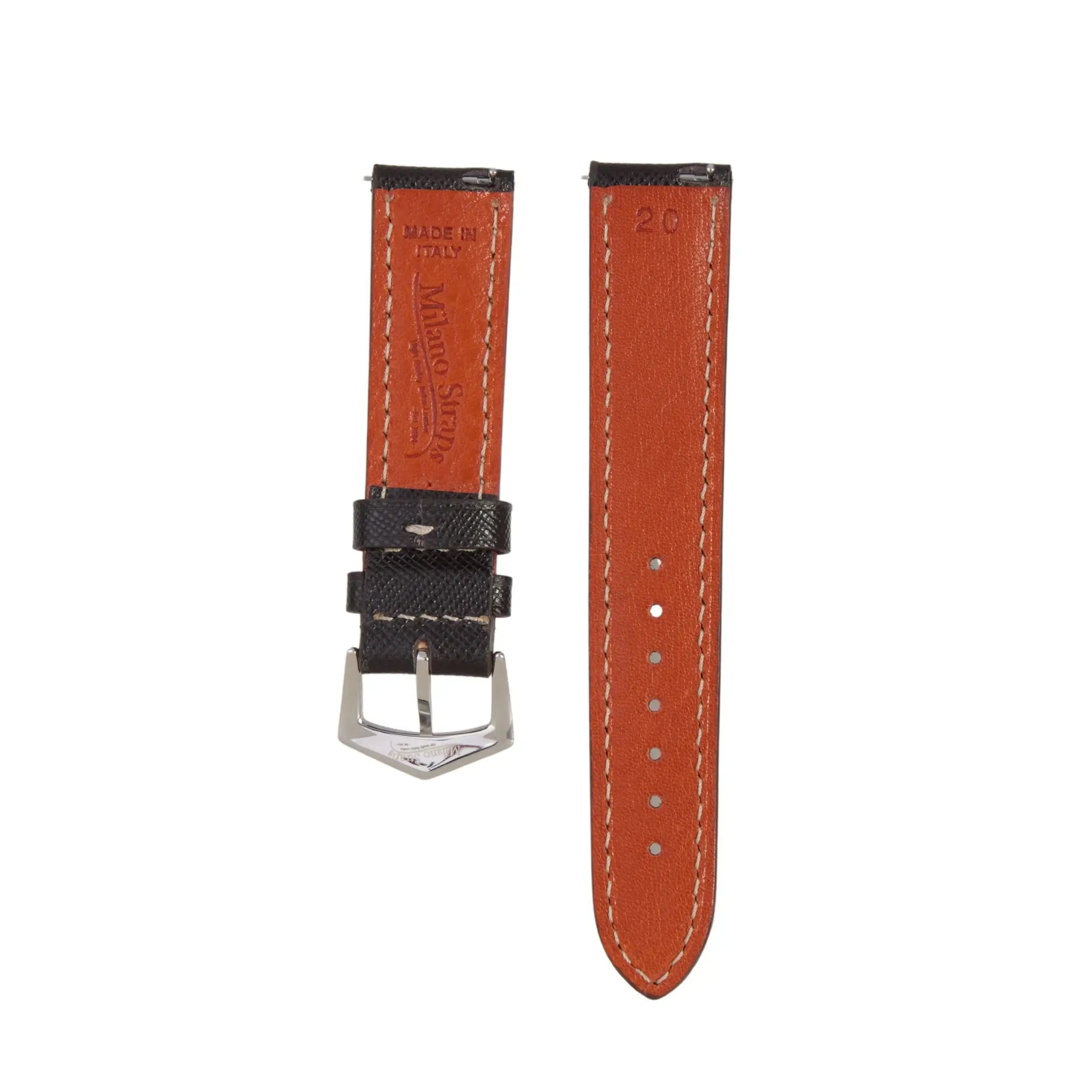 Back view of Black Saffiano Leather Watch Strap showing tan leather lining and Milano Straps branding. High-quality Italian craftsmanship for watch bands.