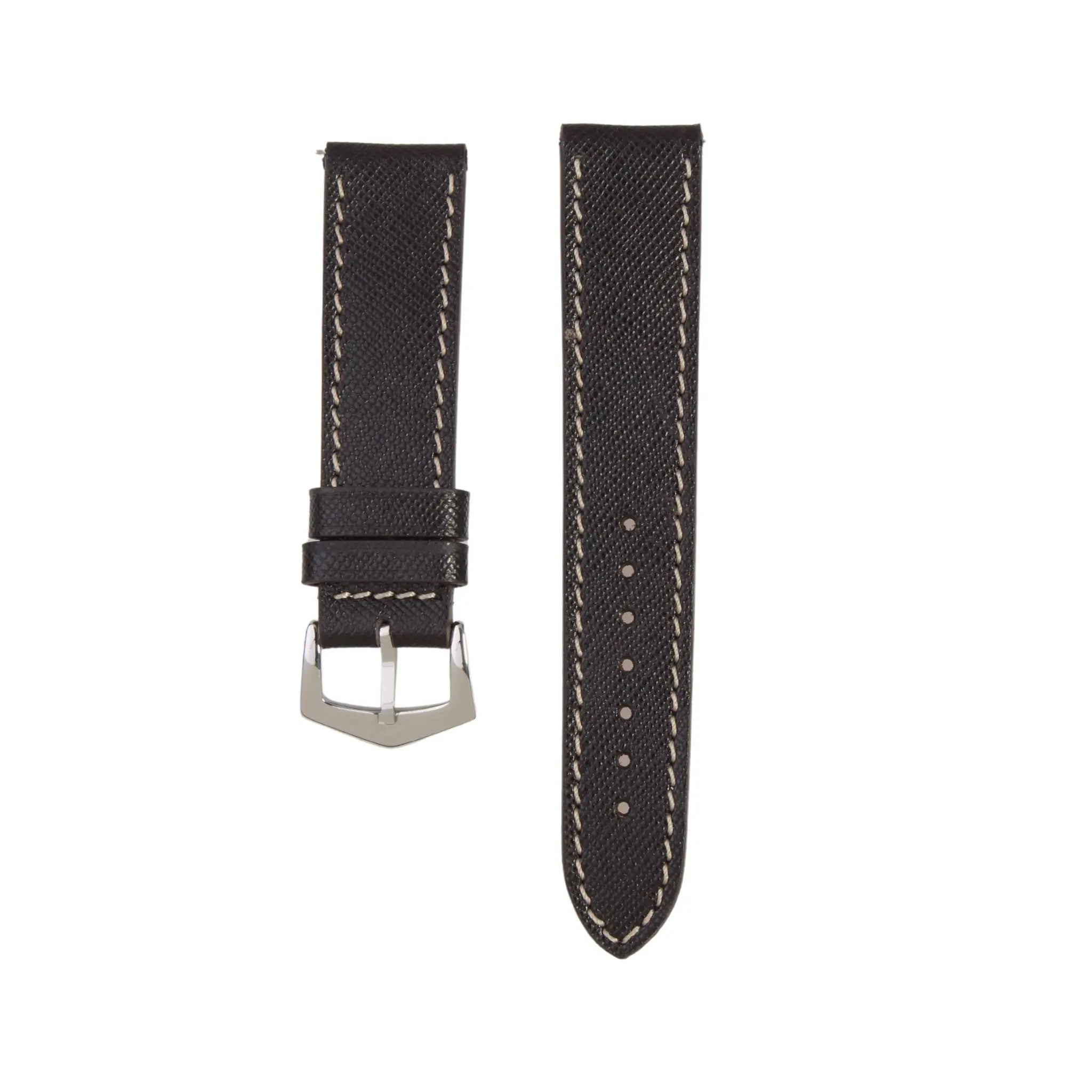Black Saffiano Leather Watch Strap with white stitching and silver buckle, ideal for luxury timepieces. Premium watch band in 20mm, 22mm, or 24mm sizes.