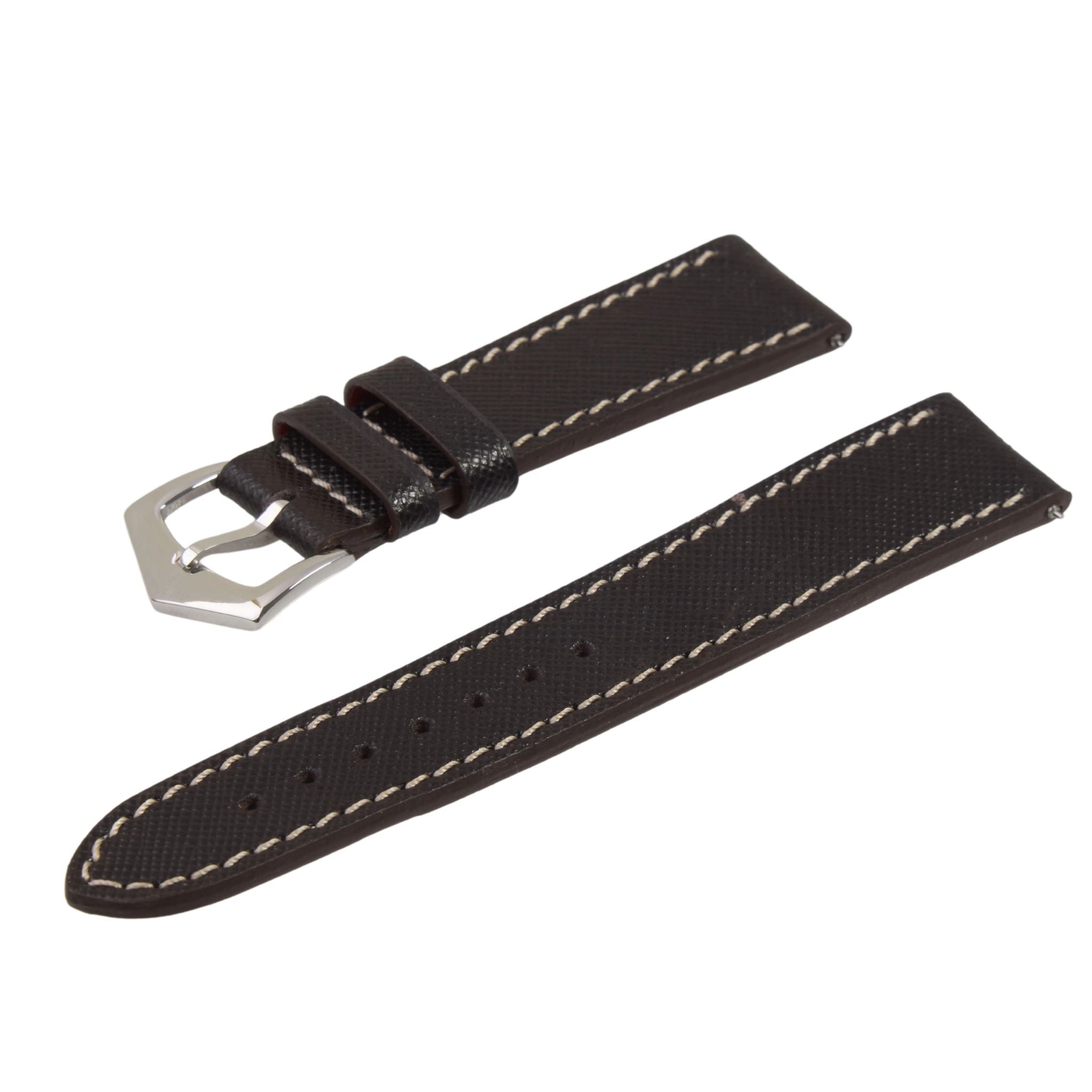 Angled view of Black Saffiano Leather Watch Strap with textured finish and contrast stitching. Durable and stylish watch band for Apple-compatible watches.