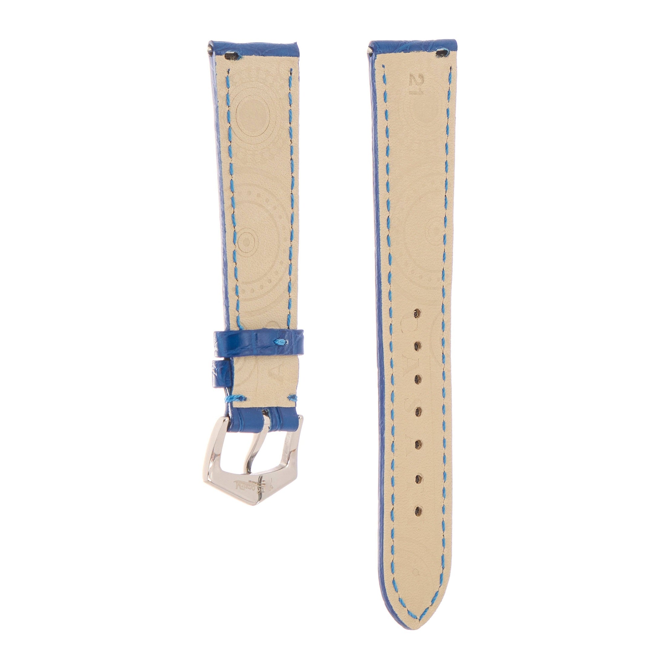 Matt Light Blue Alligator Watch Strap | Milano Straps back view showing beige leather lining and blue stitching detail.