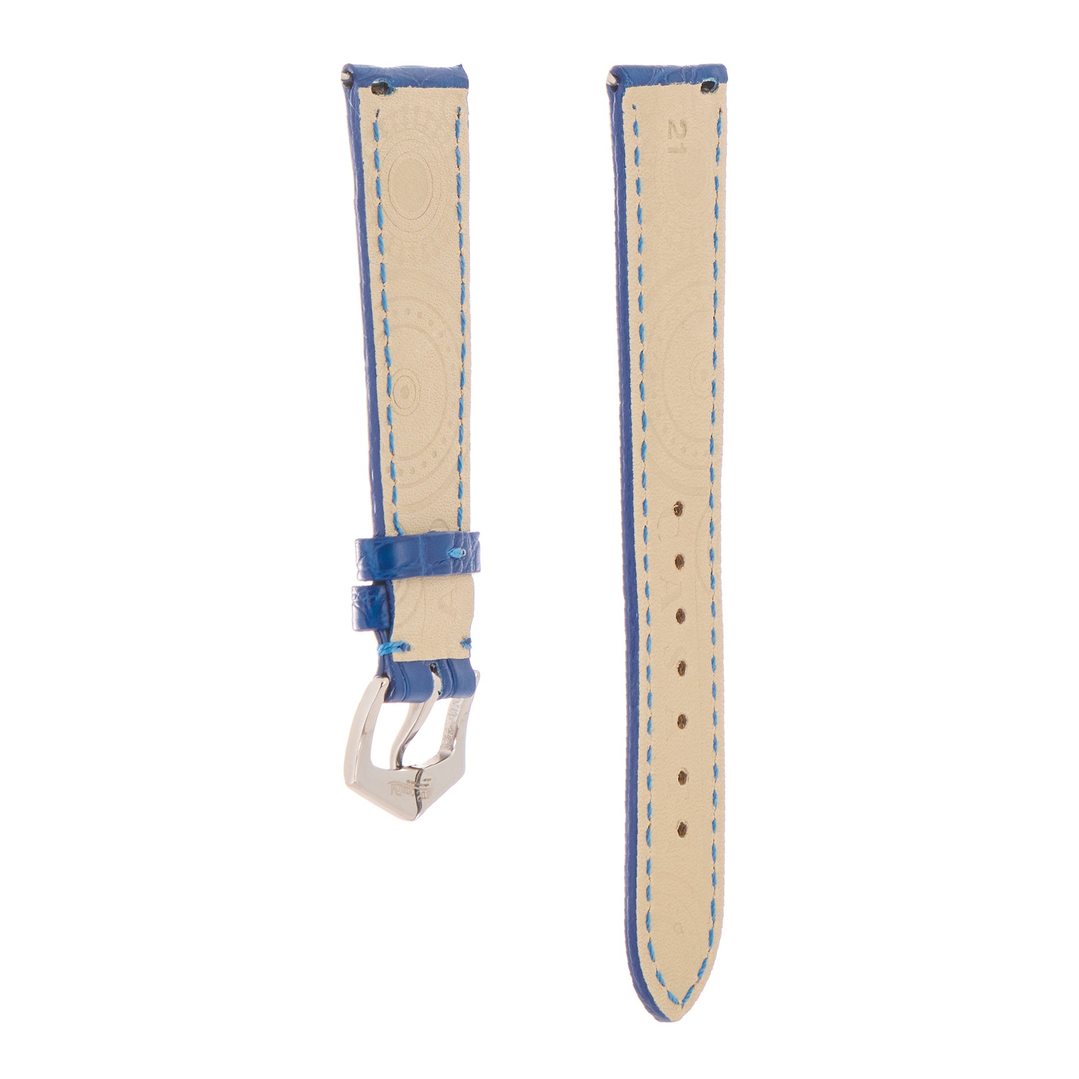 Matt Light Blue Alligator Watch Strap | Milano Straps side angle showing slim profile and stitched leather craftsmanship.