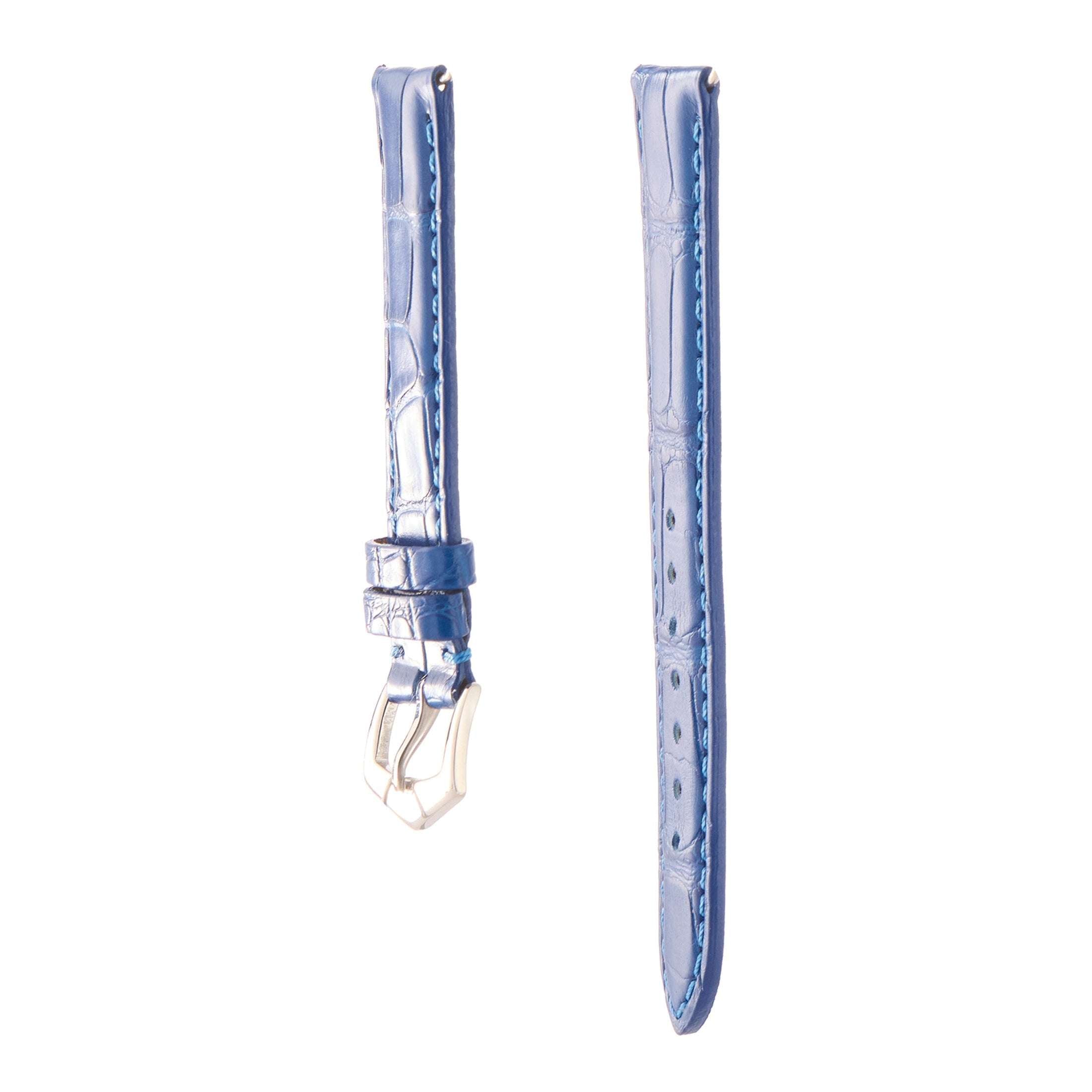 Matt Light Blue Alligator Watch Strap | Milano Straps with polished silver buckle and rich alligator grain pattern.