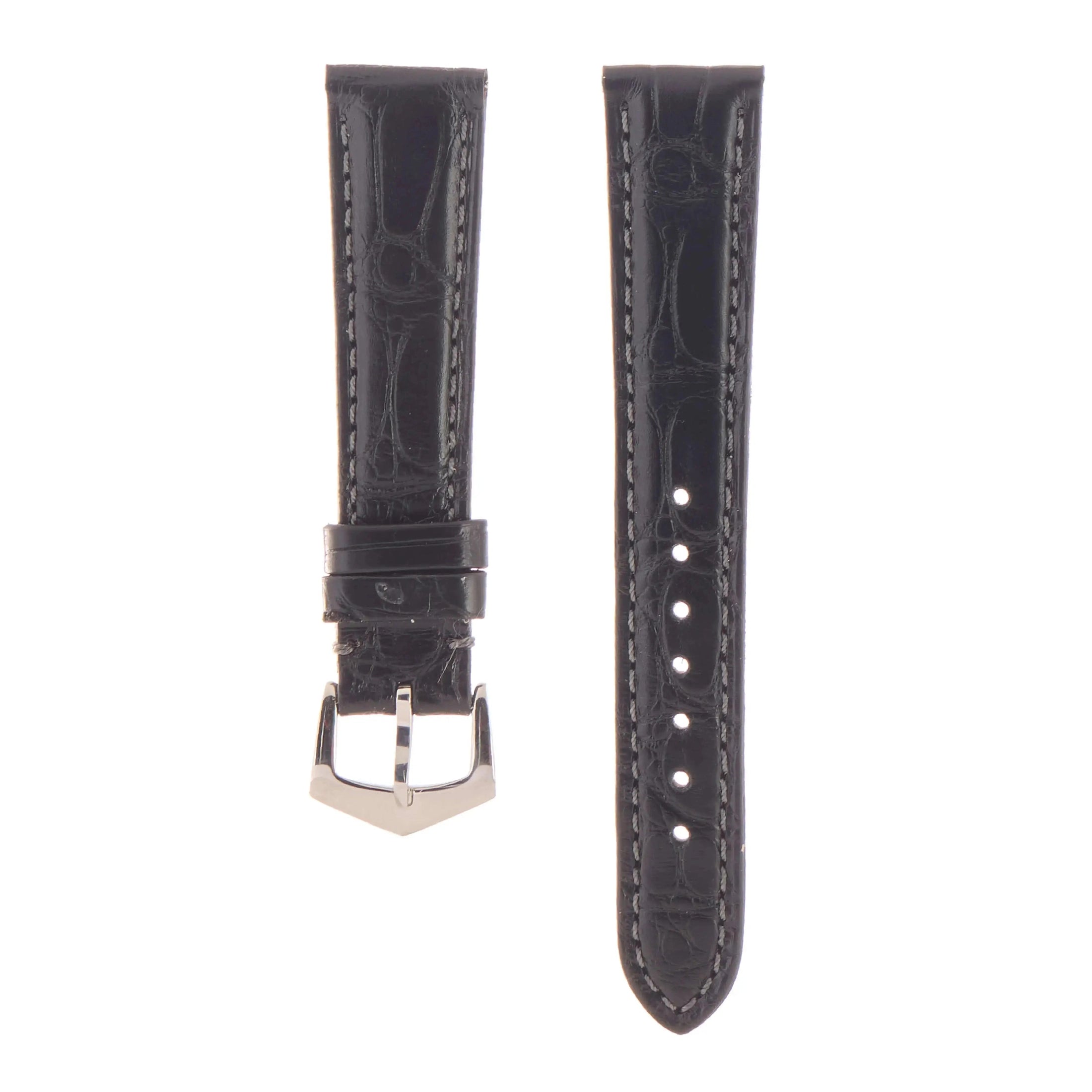 Close-up of Milano Straps Matt Black Alligator Watch Strap with embossed texture and stainless steel buckle, ideal for premium timepieces.