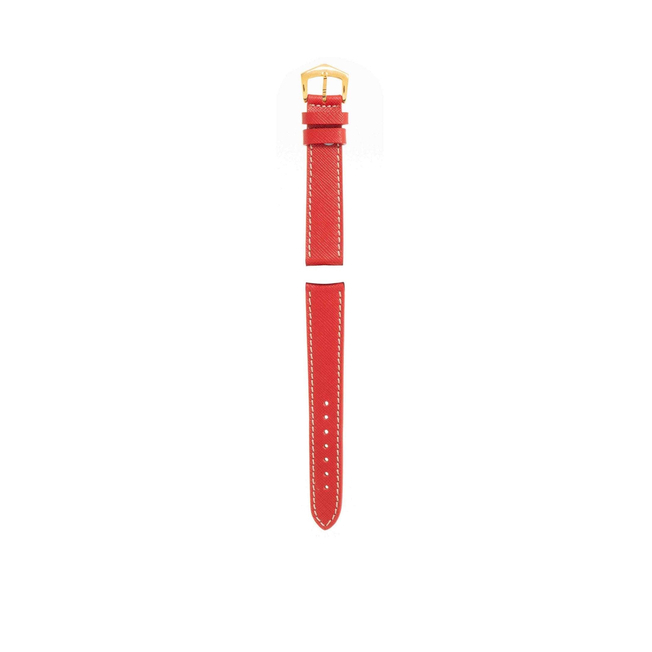 Full view of Red Hammered Calfskin leather strap with ecru stitching and gold buckle, designed by Milano Straps for premium watches.