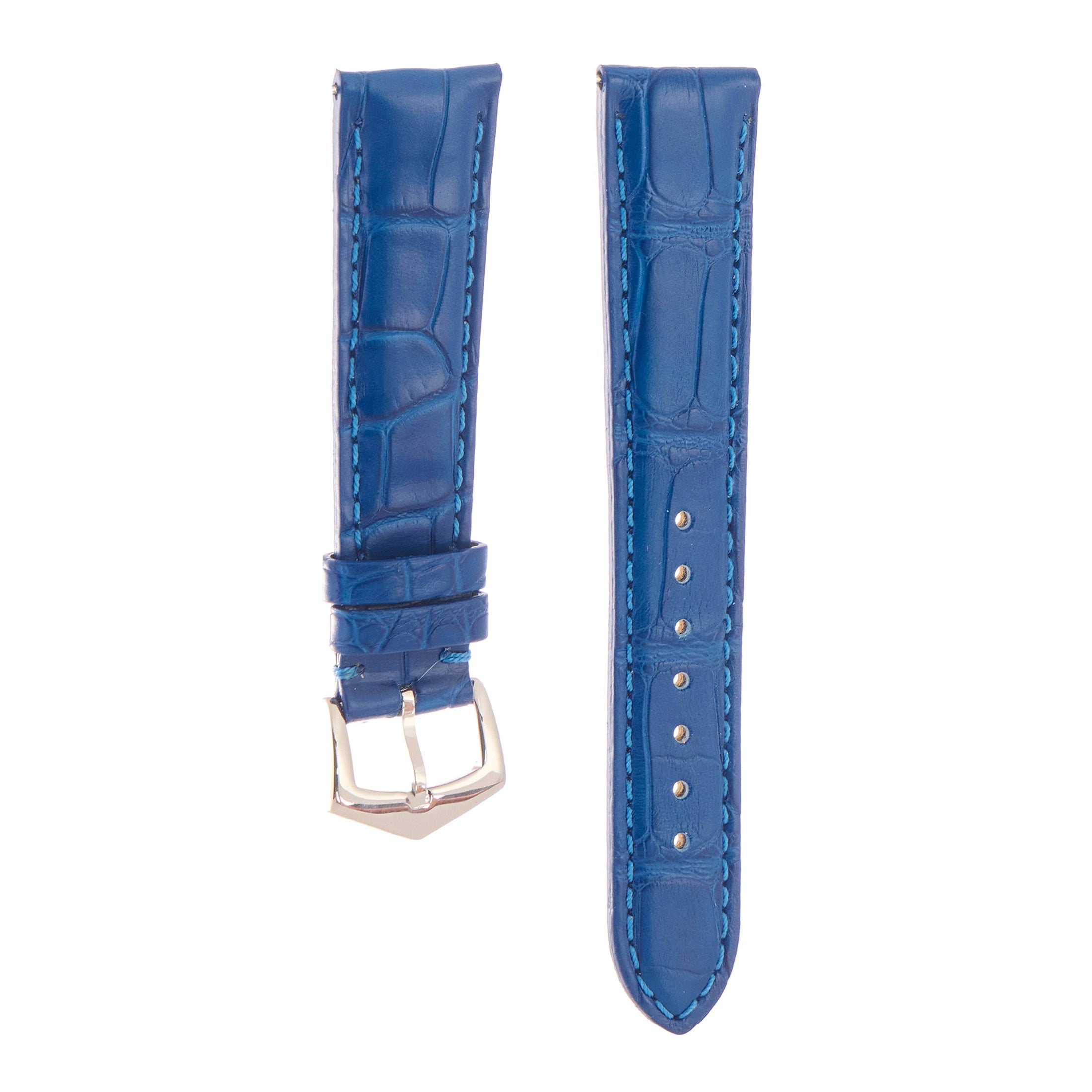 Matt Light Blue Alligator Watch Strap | Milano Straps with soft beige leather backing and blue stitched edges.