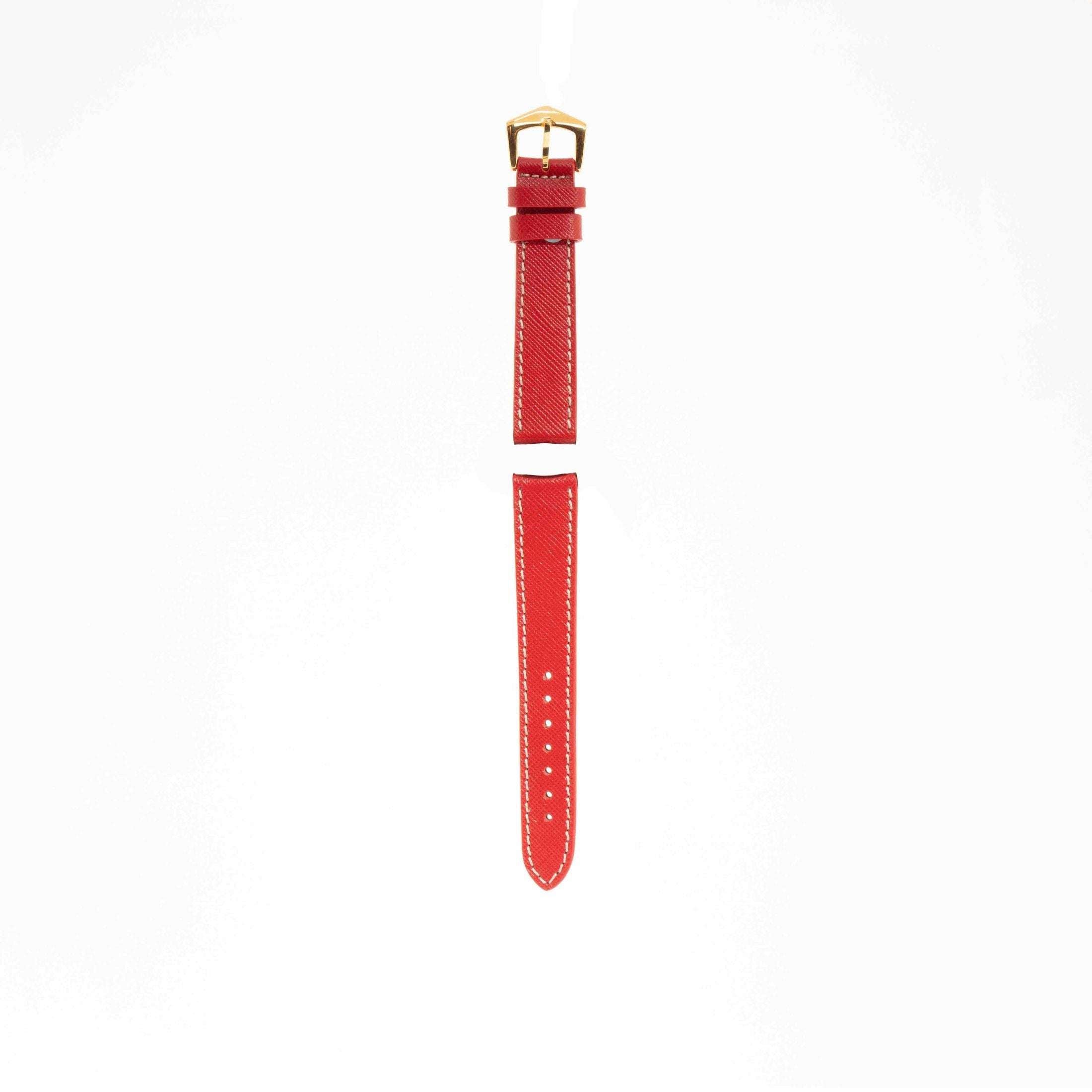 Red Hammered Calfskin watch strap with ecru stitching and gold buckle, separated into two parts for detailed product display.