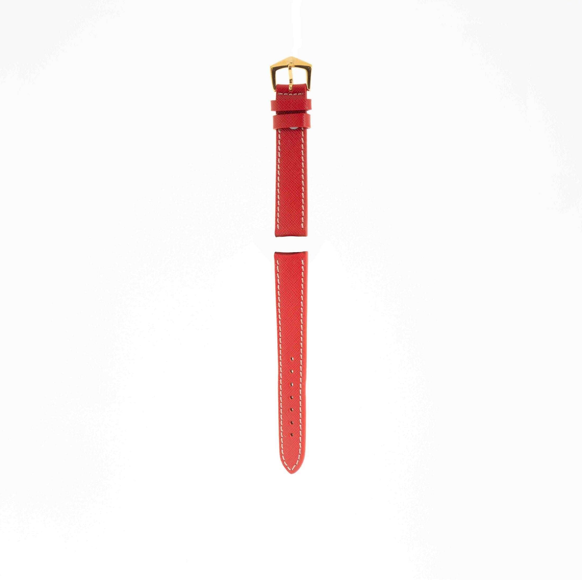 Milano Straps Red Hammered Calfskin strap with ecru stitches and gold buckle, shown in vertical alignment for clarity.