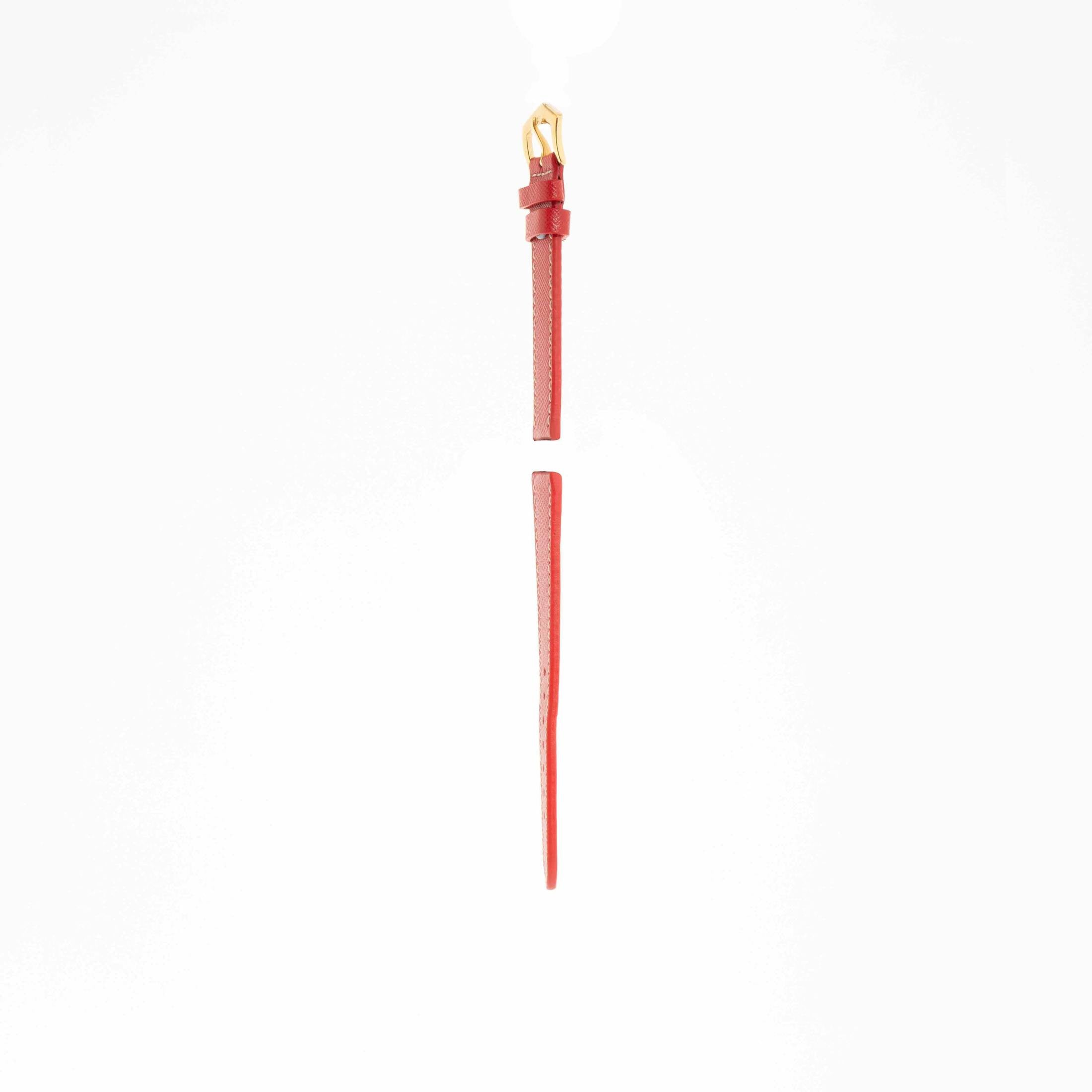 Side profile of Milano Straps Red Hammered Calfskin leather strap with ecru stitches, showcasing its 2.1mm thickness.