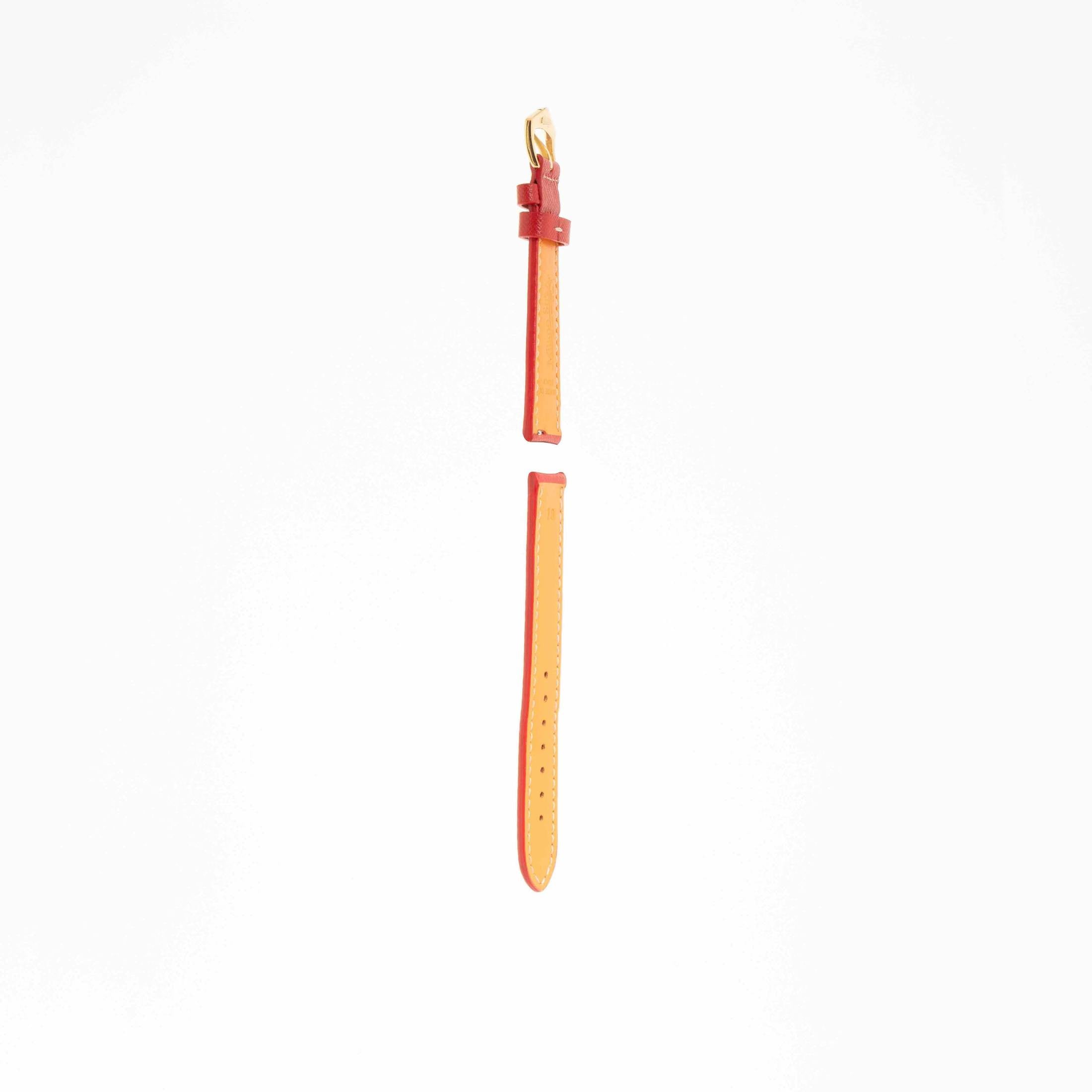 Back view of Red Hammered Calfskin strap with tan leather lining and gold buckle, crafted by Milano Straps in Italy.