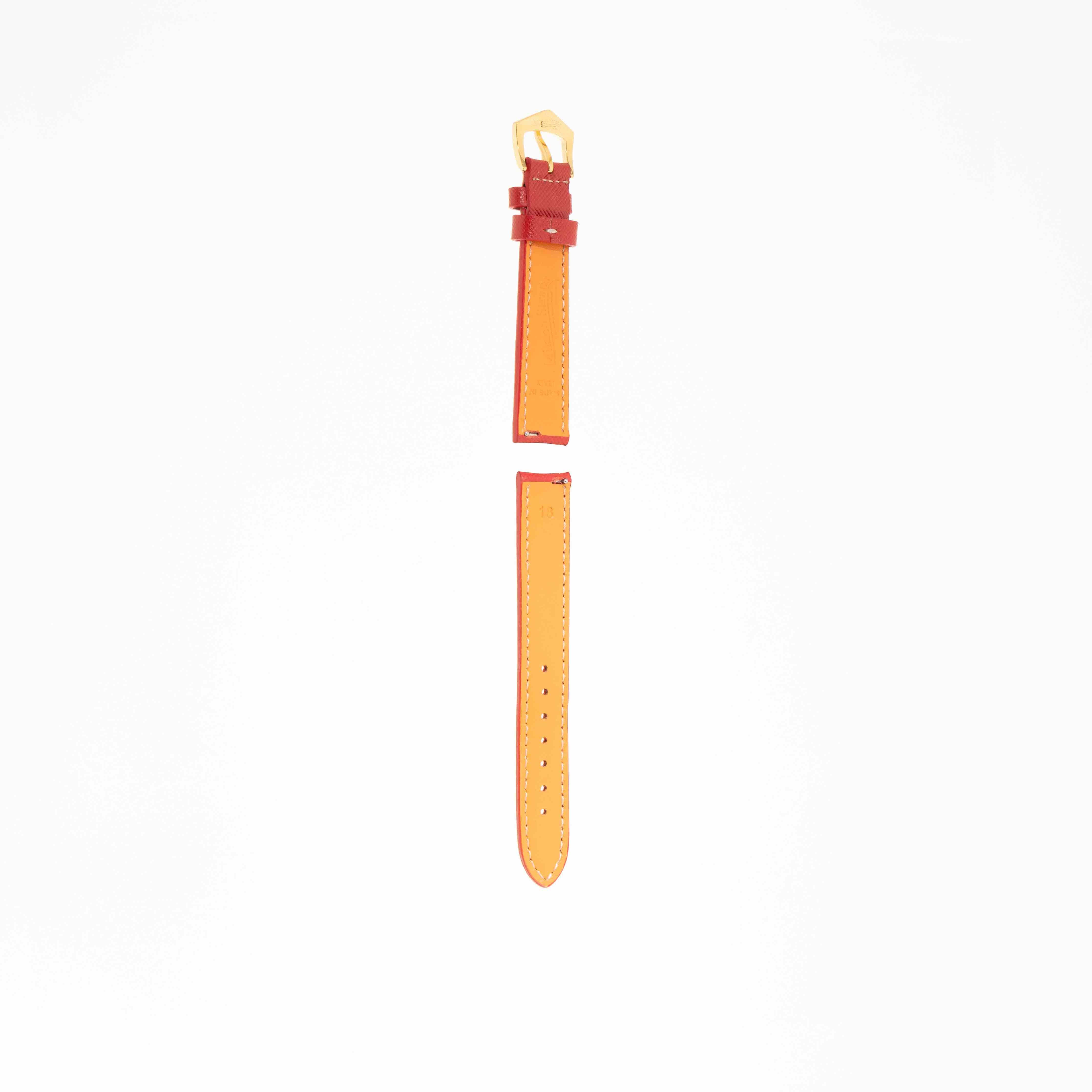 Underside of Milano Straps Red Hammered Calfskin strap showing tan leather backing and ecru stitching for comfort and durability.