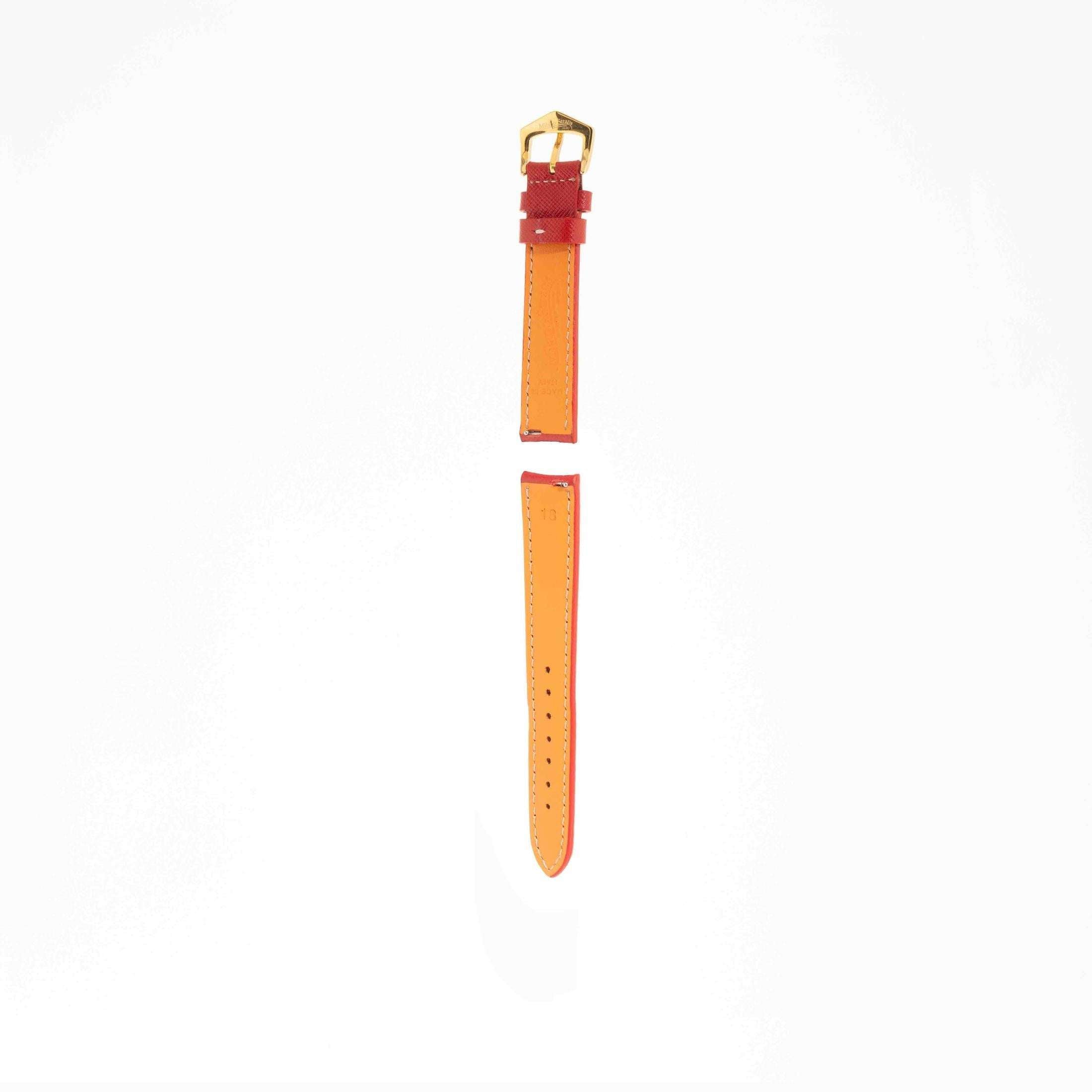 Milano Straps Red Hammered Calfskin strap with orange leather underside and gold buckle, ideal for luxury watch upgrades.