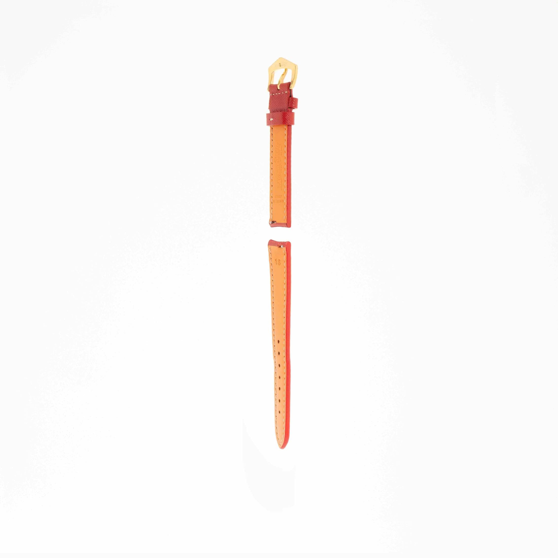 Angled underside view of Red Hammered Calfskin strap with ecru stitching and gold buckle, made in Italy by Milano Straps.