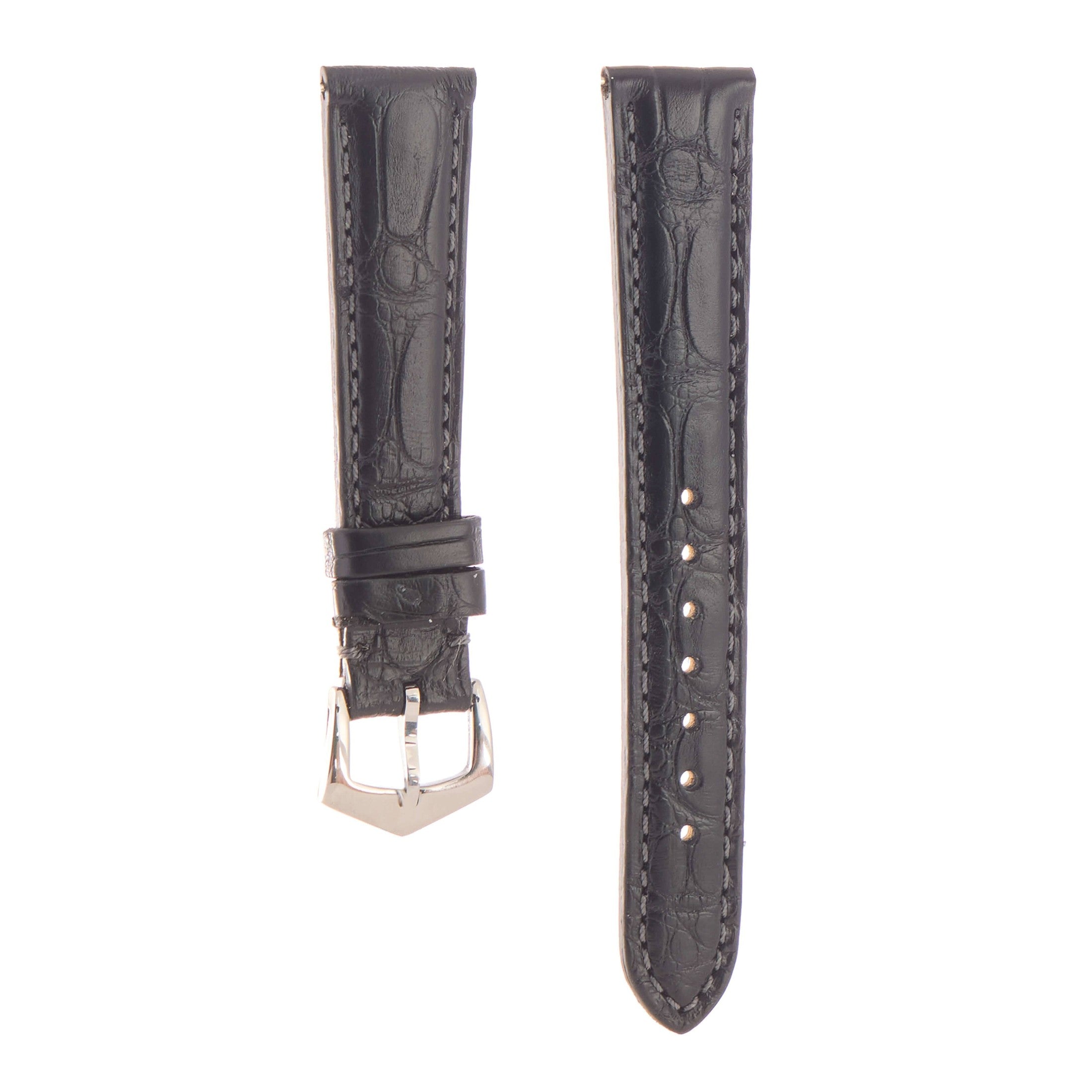 Front view of Matt Black Alligator Watch Strap by Milano Straps, featuring hand-stitched edges and classic design for high-end watch brands.