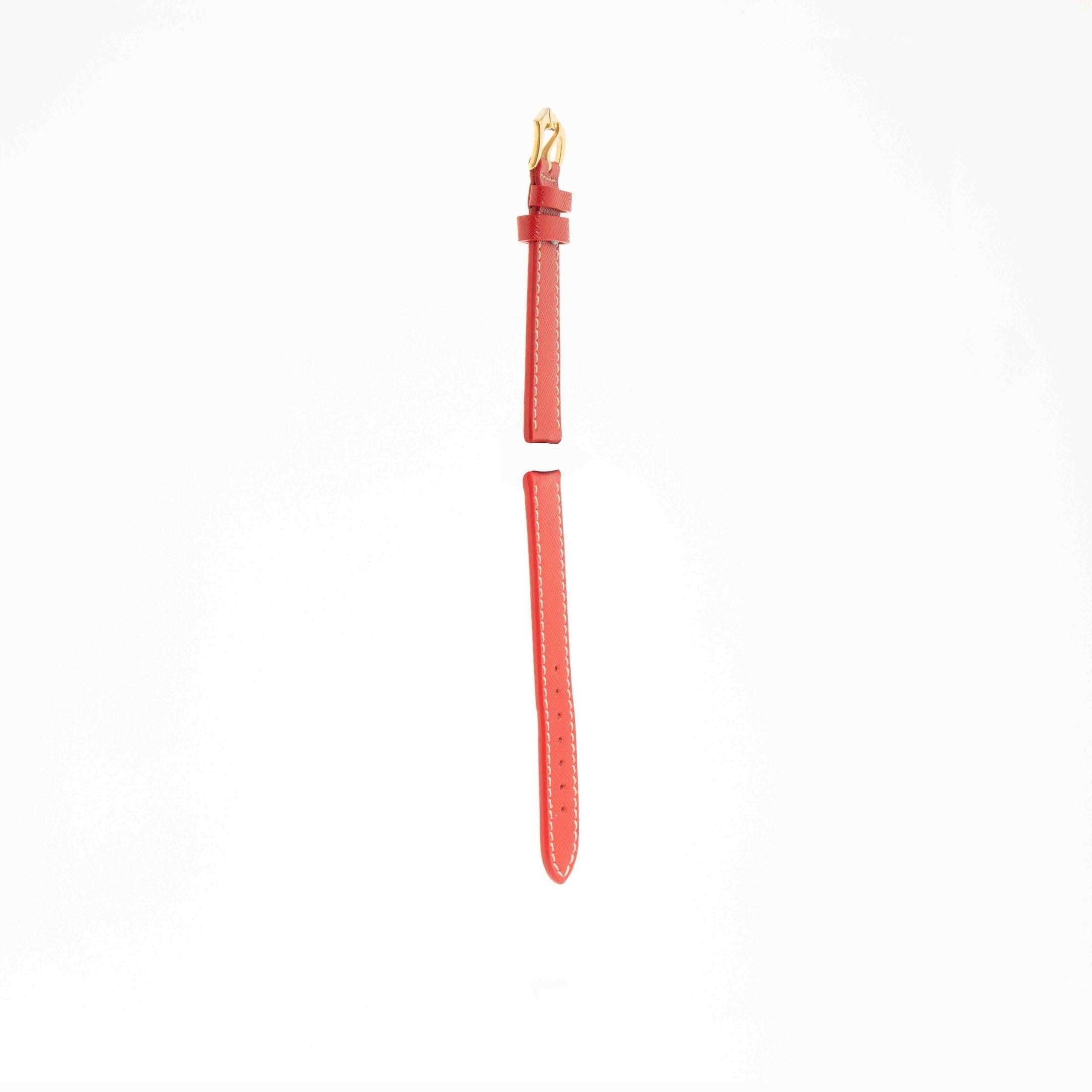 Vertical side view of Red Hammered Calfskin strap with ecru stitching and gold buckle, designed by Milano Straps for elegance.