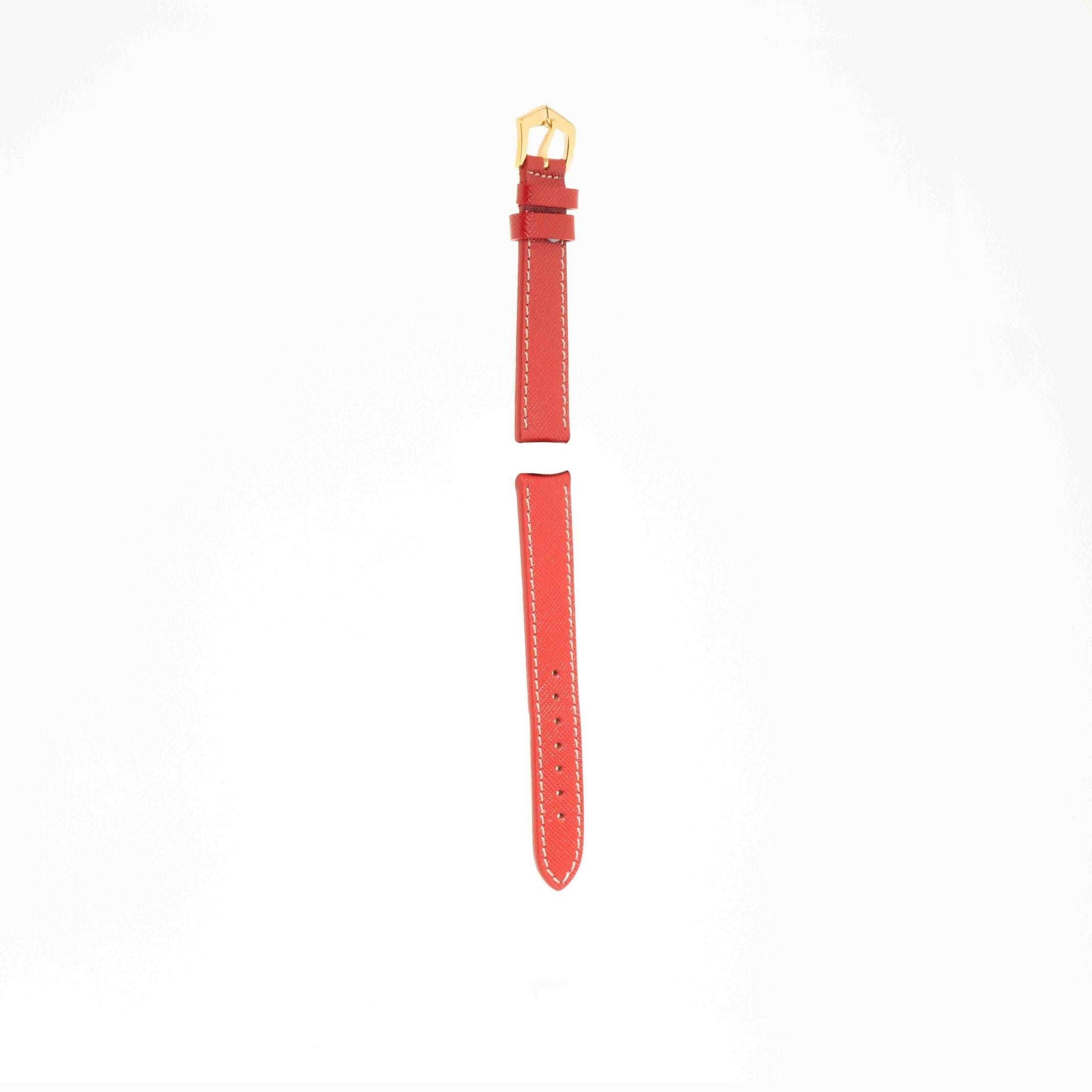 Red Hammered Calfskin strap with ecru stitching and gold buckle, shown in separated parts for detailed product inspection.