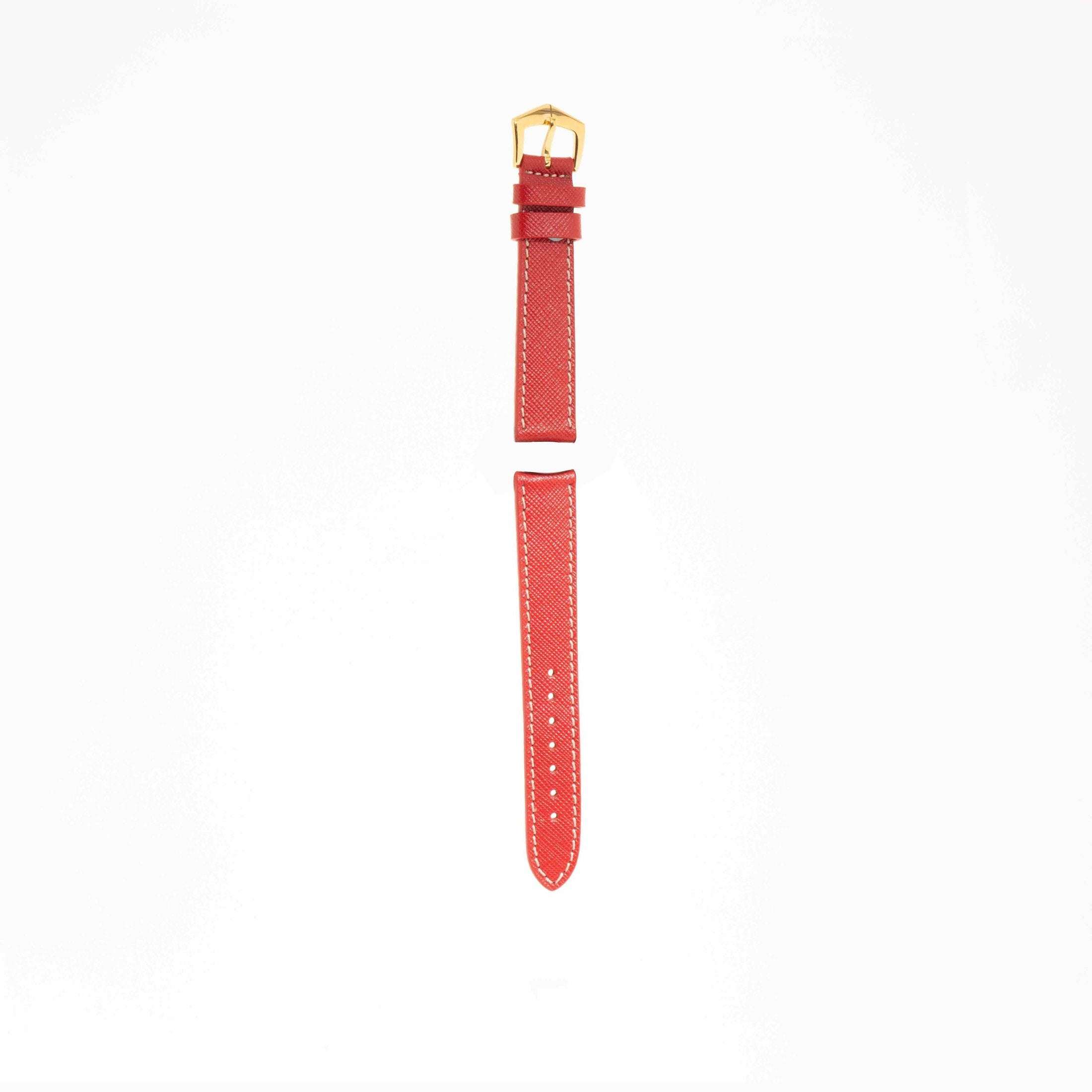 Milano Straps Red Hammered Calfskin leather strap with ecru stitching, gold buckle, and Italian craftsmanship for luxury watches.