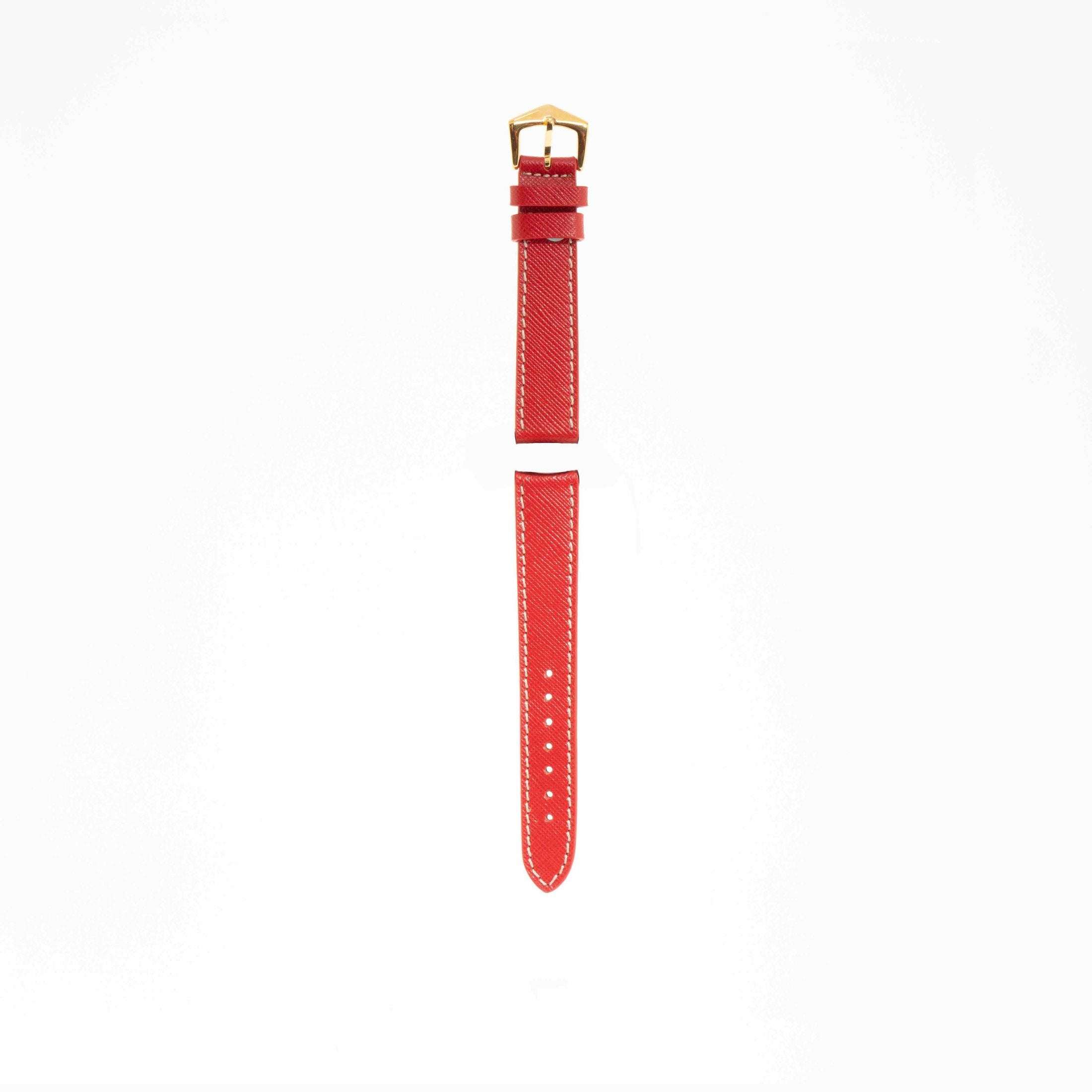 Front view of Red Hammered Calfskin strap with ecru stitching and gold buckle, ideal for stylish watch customization by Milano Straps.