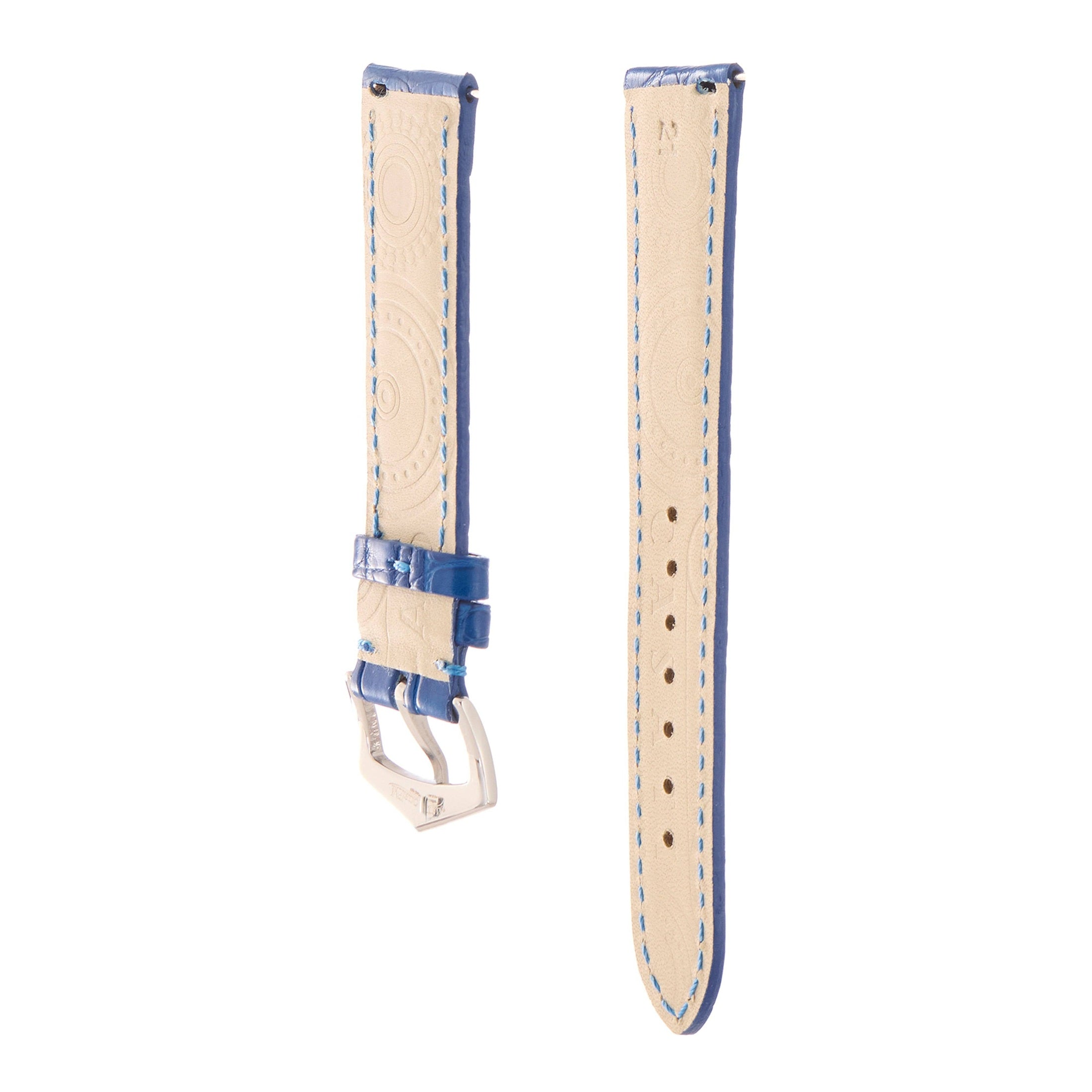 Matt Light Blue Alligator Watch Strap | Milano Straps rear view with Milano Straps logo and blue edge stitching.