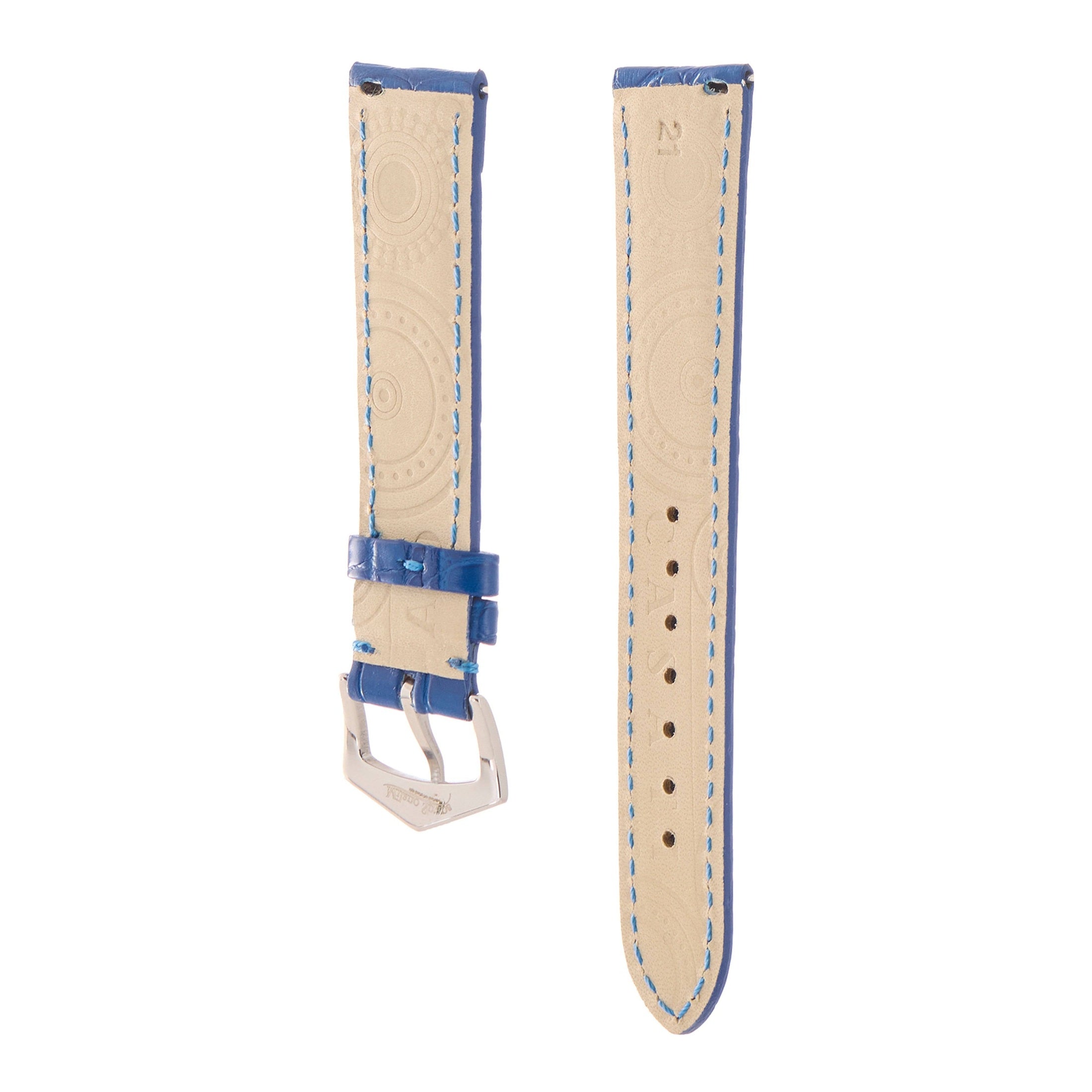 Matt Light Blue Alligator Watch Strap | Milano Straps with beige underside and blue stitching for premium comfort.