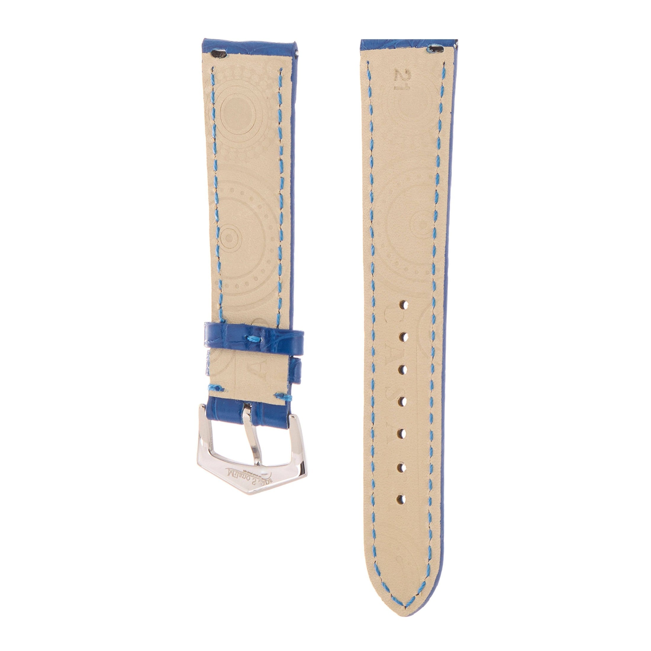 Matt Light Blue Alligator Watch Strap | Milano Straps rear view with embossed circular patterns and stitched edges.