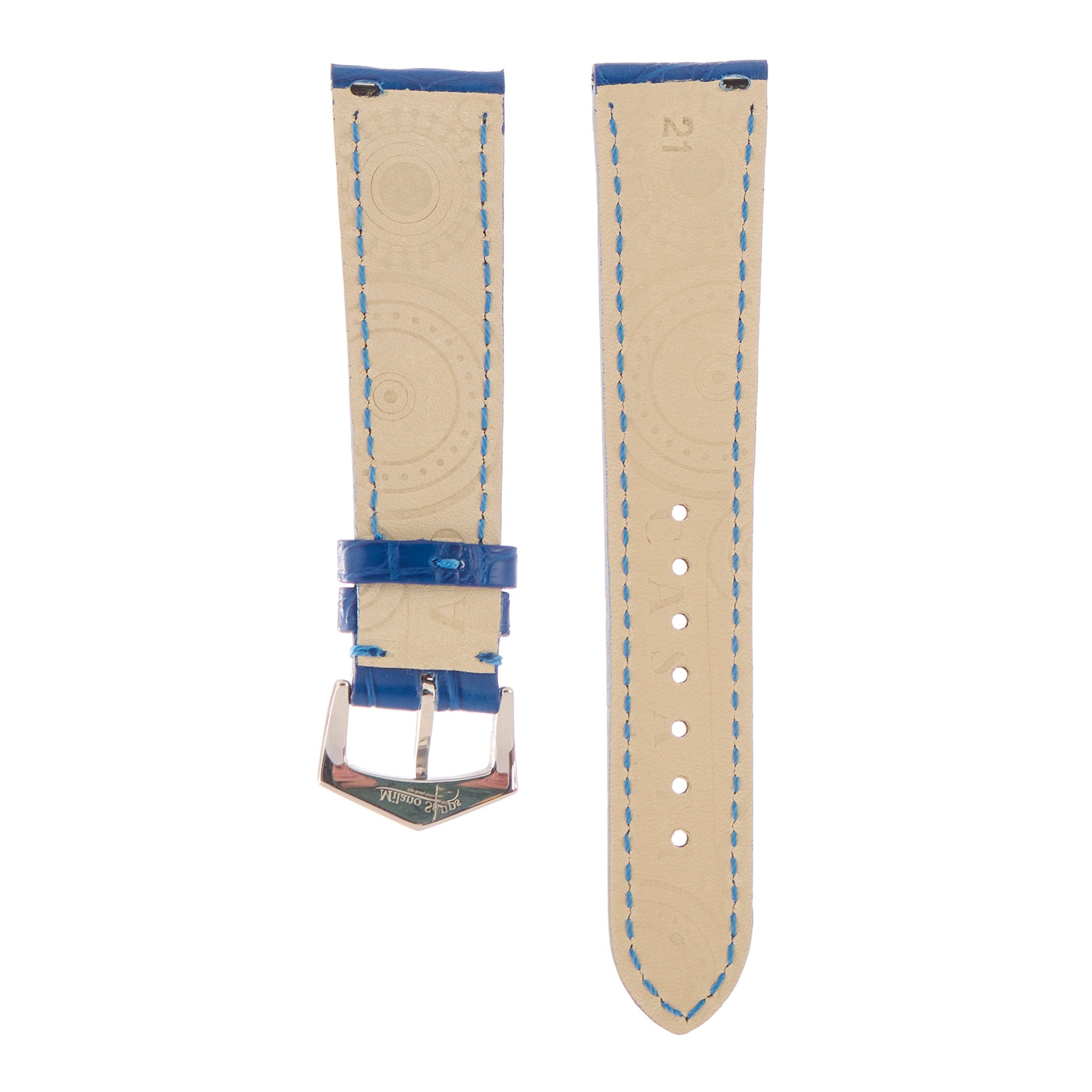 Matt Light Blue Alligator Watch Strap | Milano Straps with embossed branding and smooth beige leather underside.