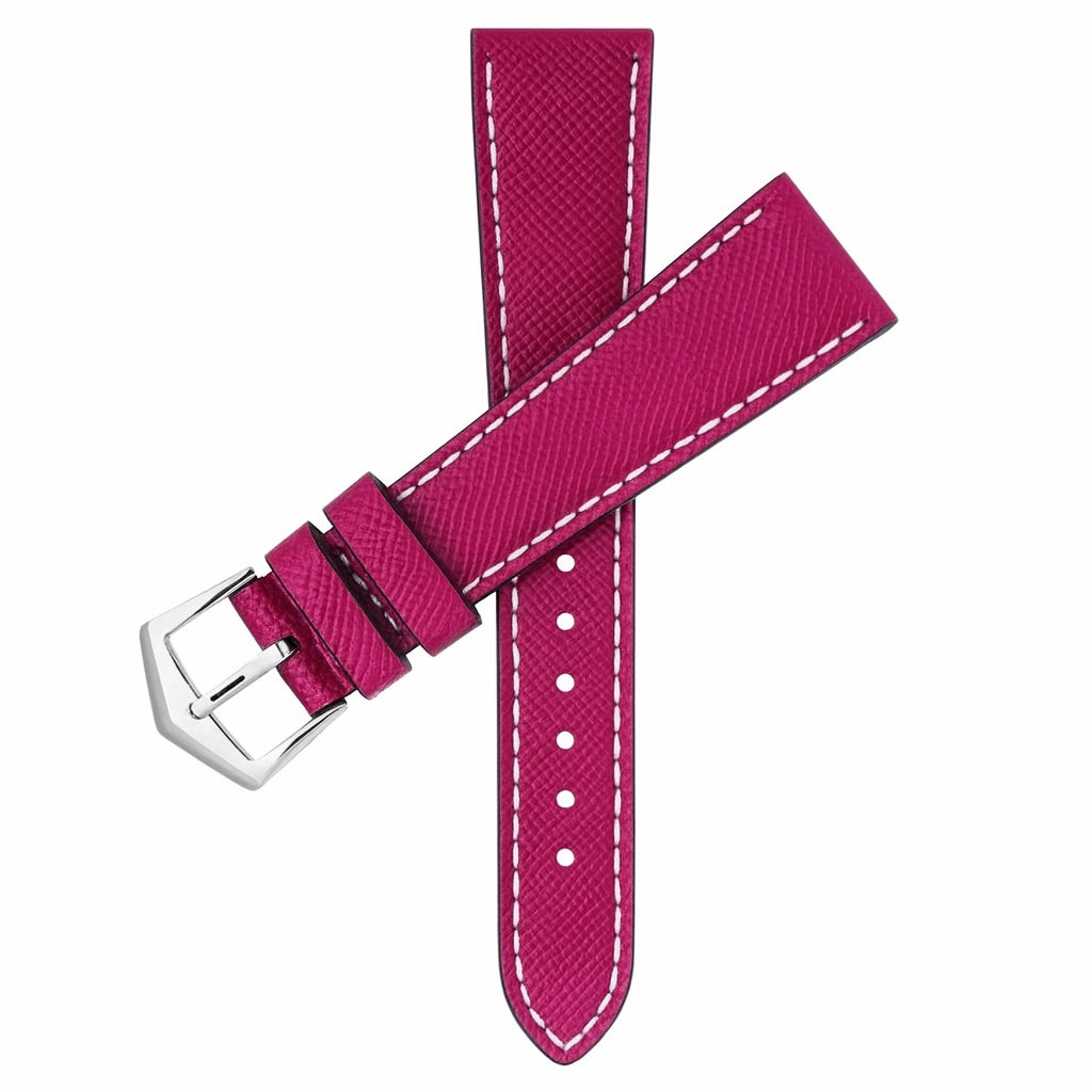 Berry Fuchsia Saffiano Leather White Stitches Watch Strap