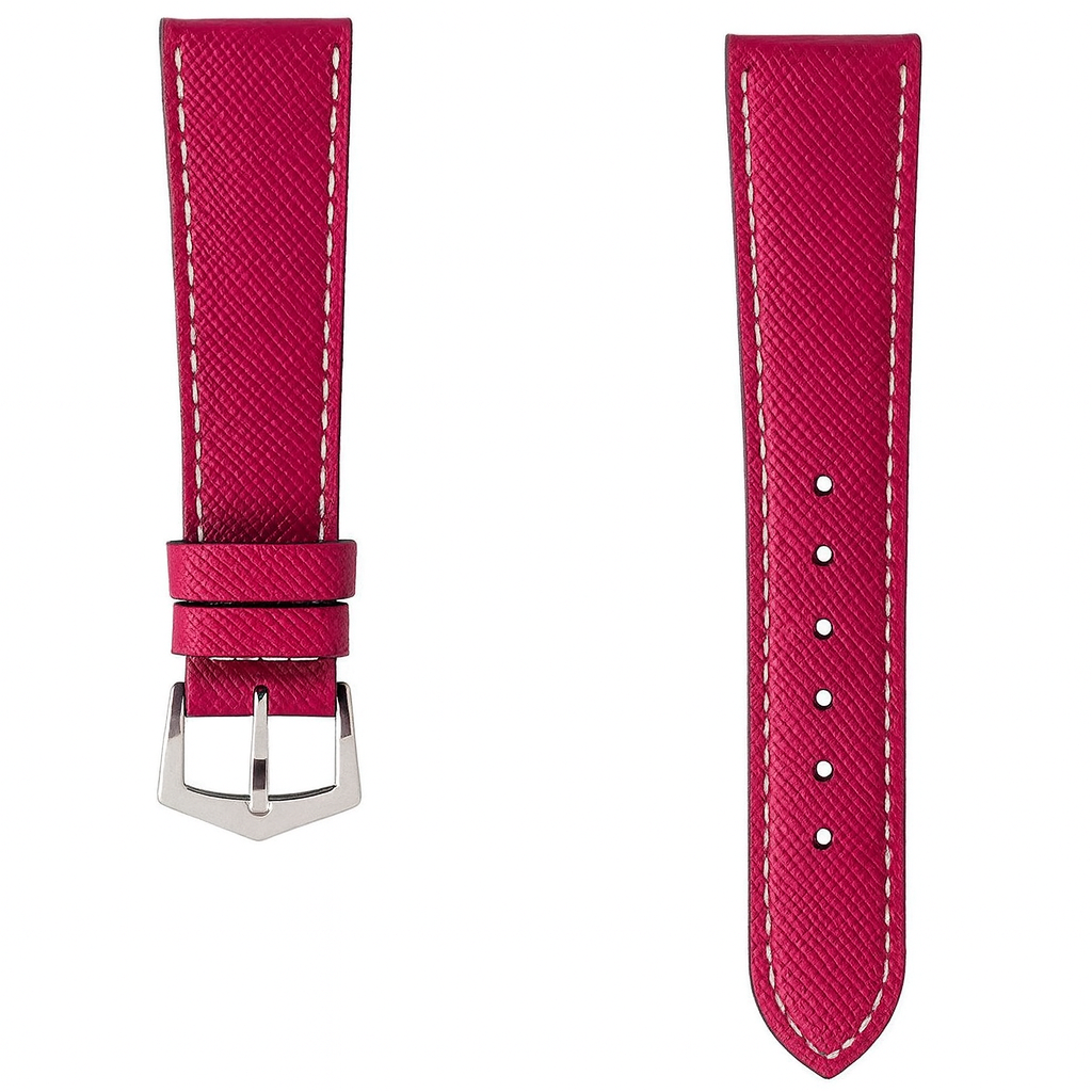 Berry Fuchsia Saffiano Leather White Stitches Watch Strap