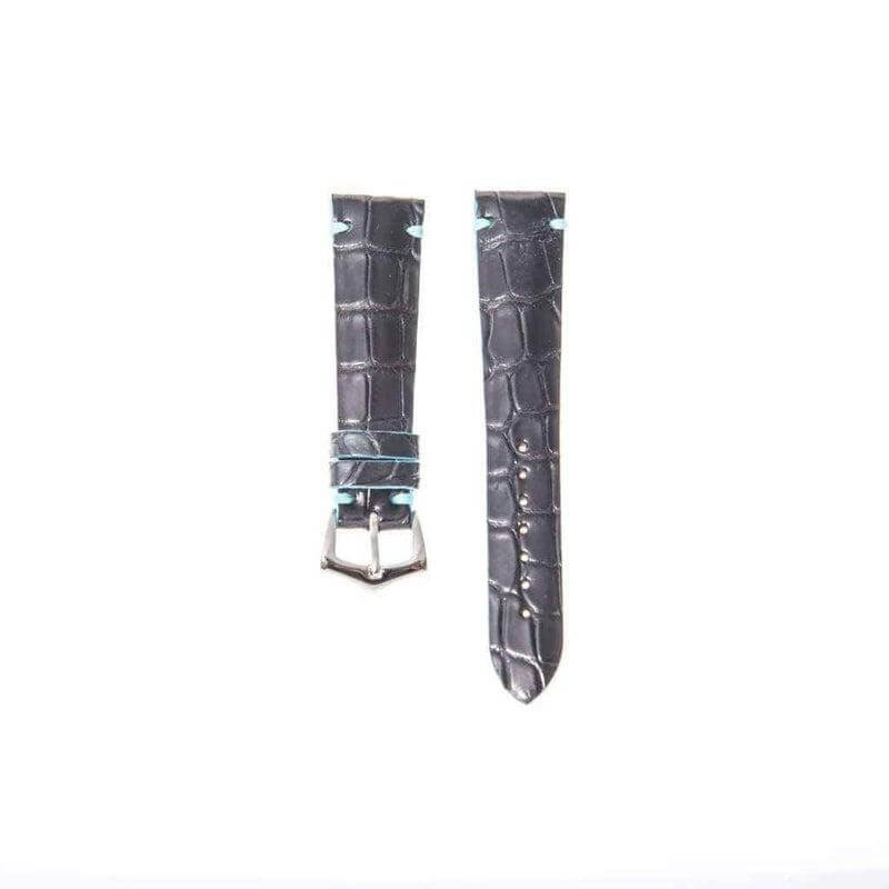 Black Genuine Alligator Watch Strap Light Blue Borders - Alligator Strap- Milano Straps