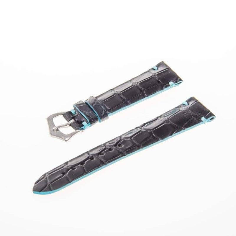 Black Genuine Alligator Watch Strap Light Blue Borders - Alligator Strap- Milano Straps