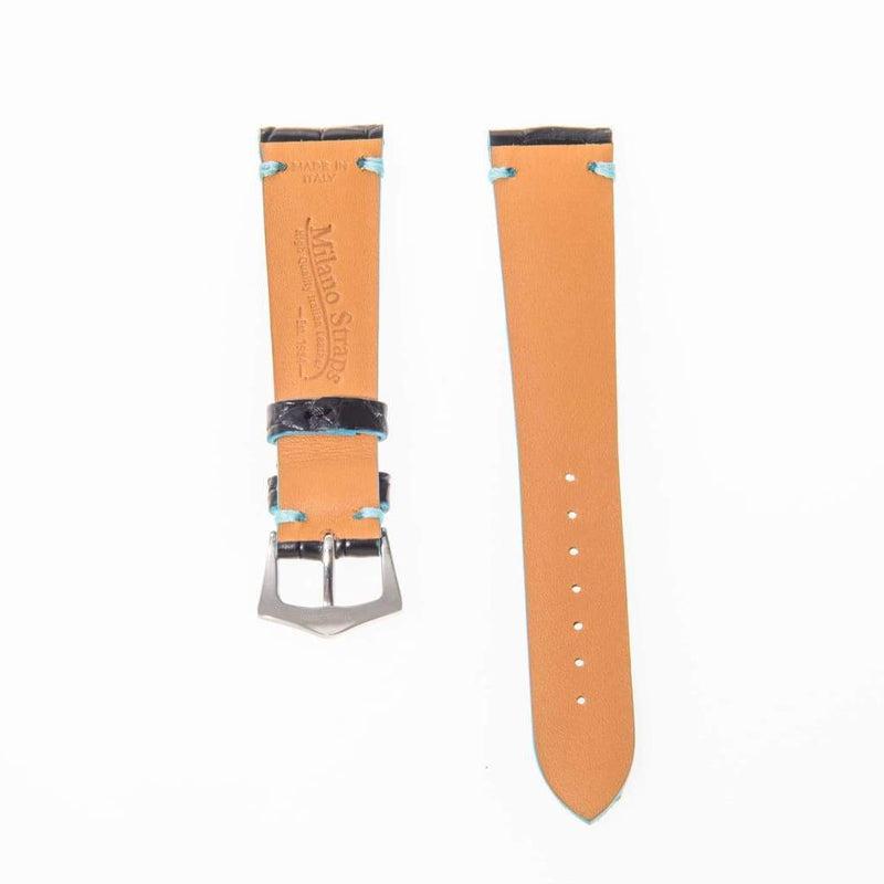 Black Genuine Alligator Watch Strap Light Blue Borders - Alligator Strap- Milano Straps