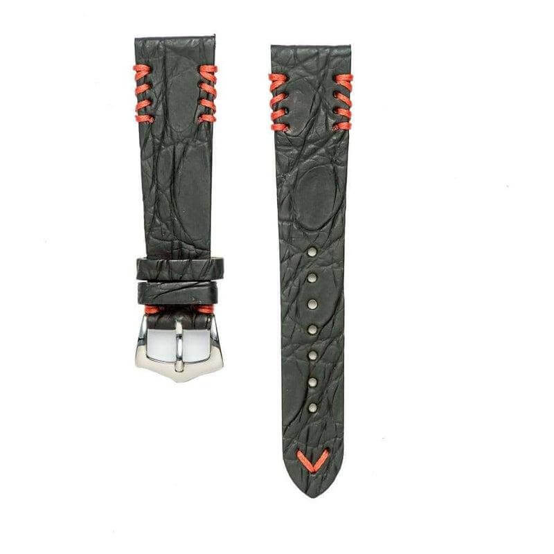 Black Rubberized Crocodile Watch Strap Red Tribal Stitches - 20mm - Crocodile Strap- Milano Straps