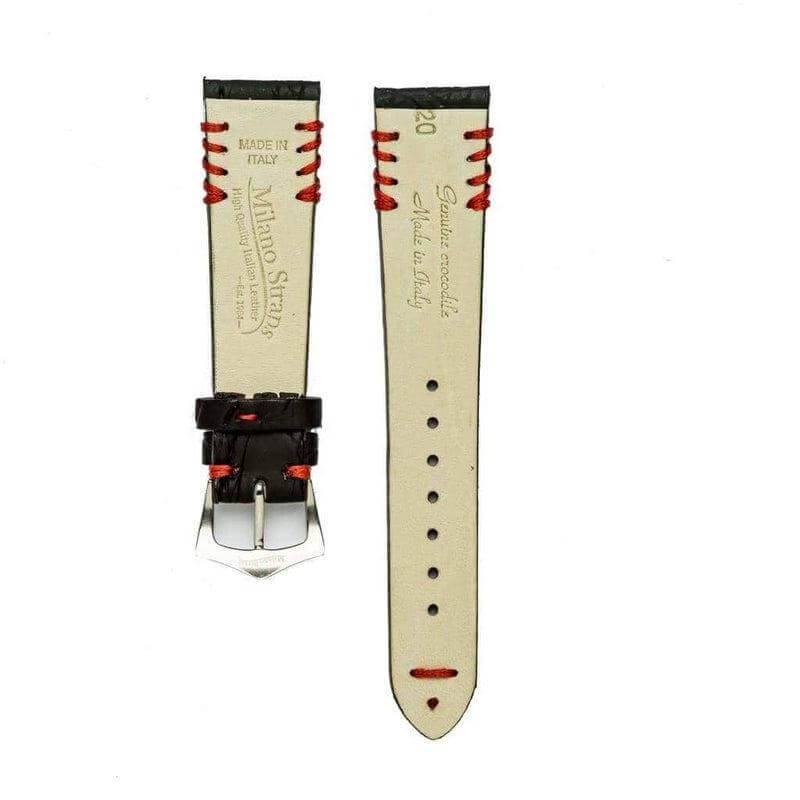 Black Rubberized Crocodile Watch Strap Red Tribal Stitches - 20mm - Crocodile Strap- Milano Straps
