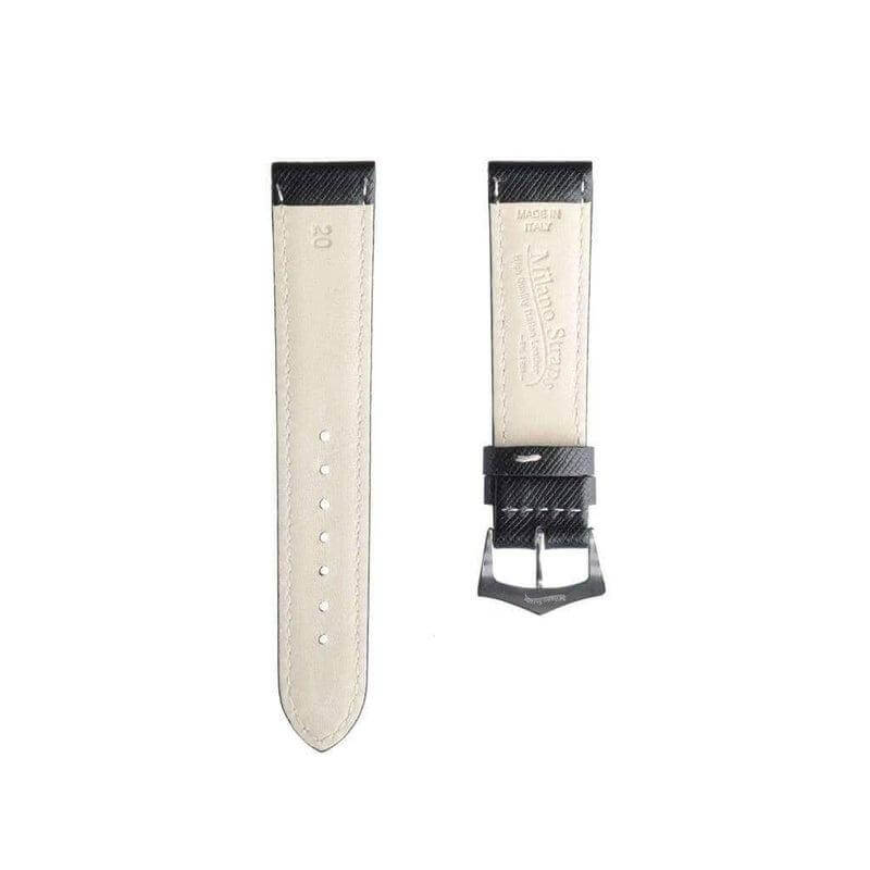 Black Saffiano Folded Edge White Stitches Watch Strap - Leather strap- Milano Straps