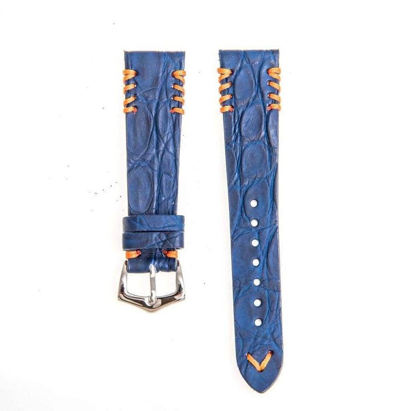 Blue Rubberized Crocodile Watch Strap Orange Tribal Stitches - Crocodile Strap- Milano Straps