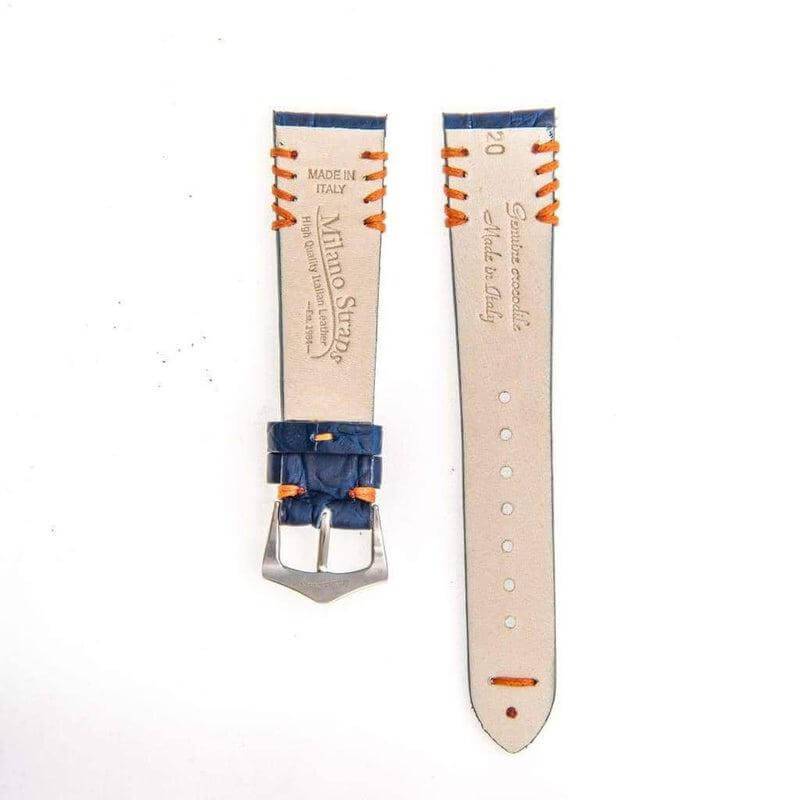 Blue Rubberized Crocodile Watch Strap Orange Tribal Stitches - Crocodile Strap- Milano Straps