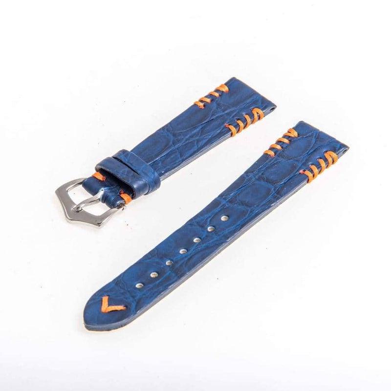 Blue Rubberized Crocodile Watch Strap Orange Tribal Stitches - Crocodile Strap- Milano Straps
