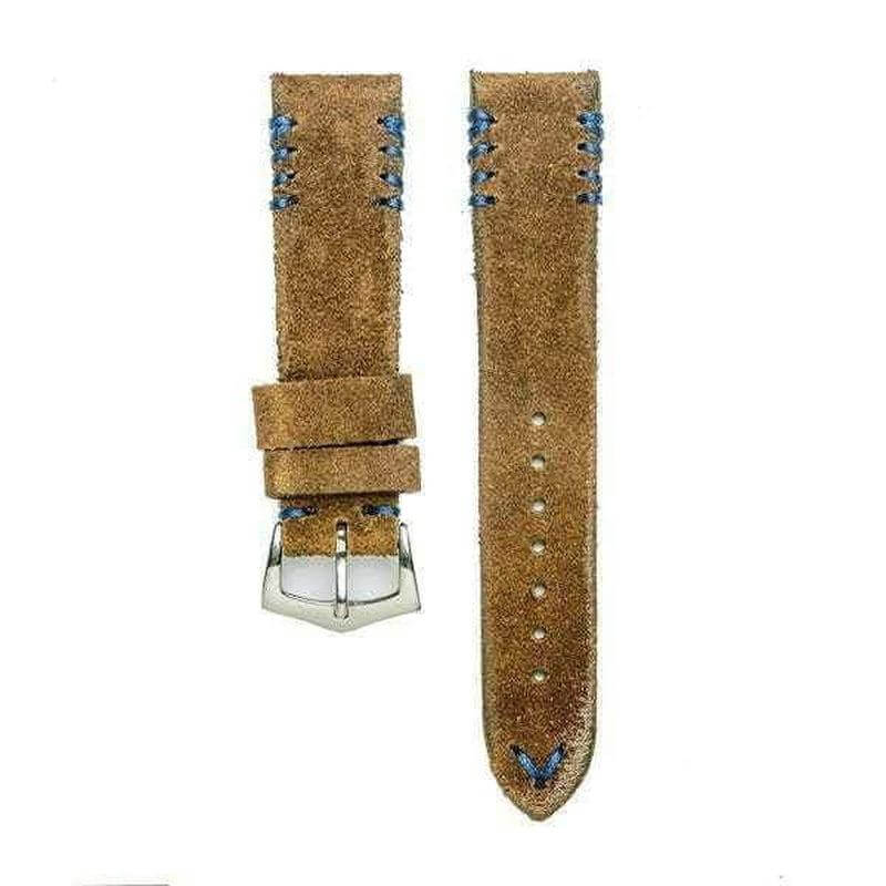 Brown Suede Vintage Watch Strap Blue Tribal Stitches - Suede strap- Milano Straps