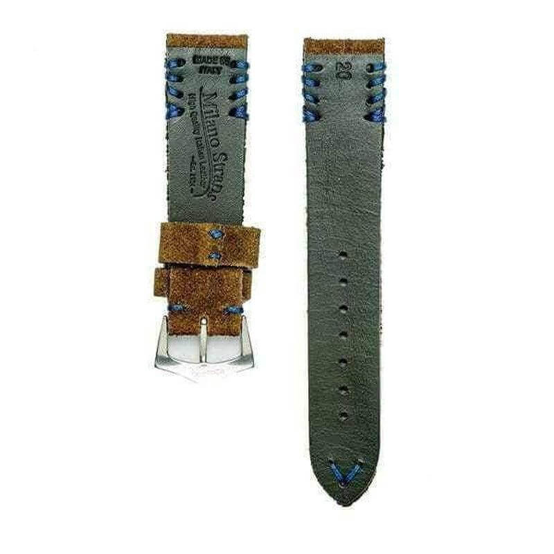 Brown Suede Vintage Watch Strap Blue Tribal Stitches - Suede strap- Milano Straps