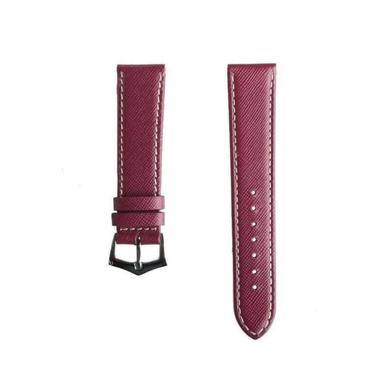 Burgundy Saffiano Folded Edge White Stitches Watch Strap - Leather strap- Milano Straps