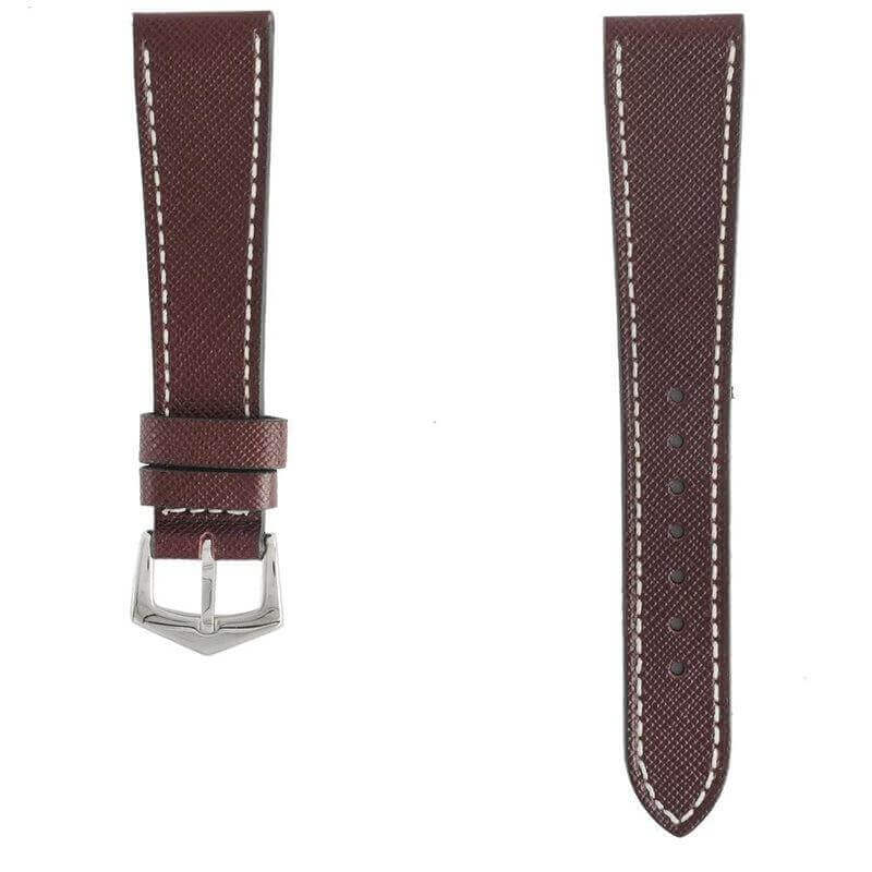 Burgundy Saffiano Leather White Stitches Watch Strap - Leather strap- Milano Straps