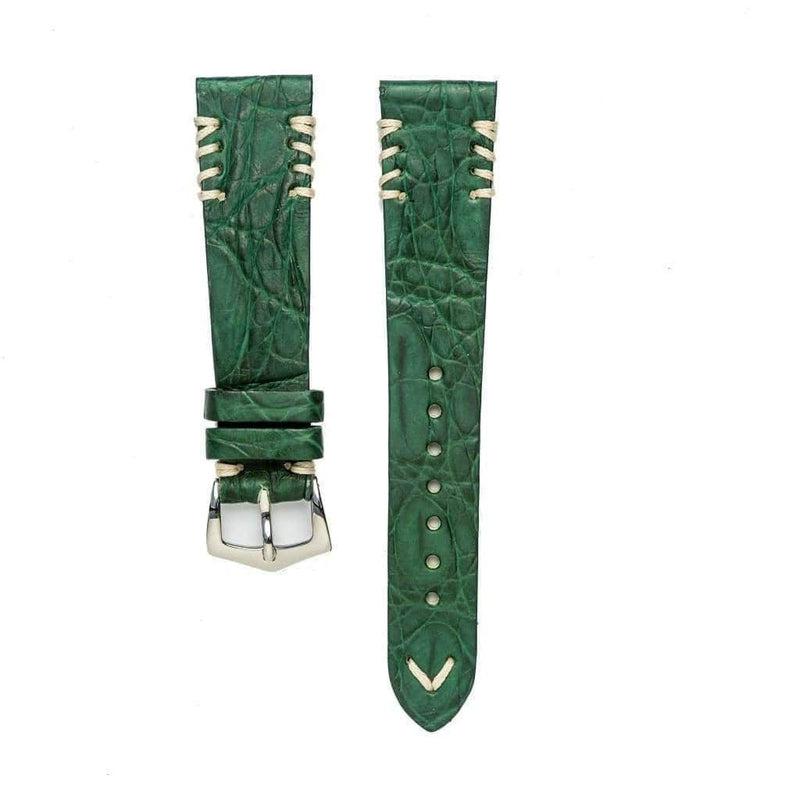 Green Rubberized Crocodile Watch Strap Ecru Tribal Stitches - 20mm - Crocodile Strap- Milano Straps