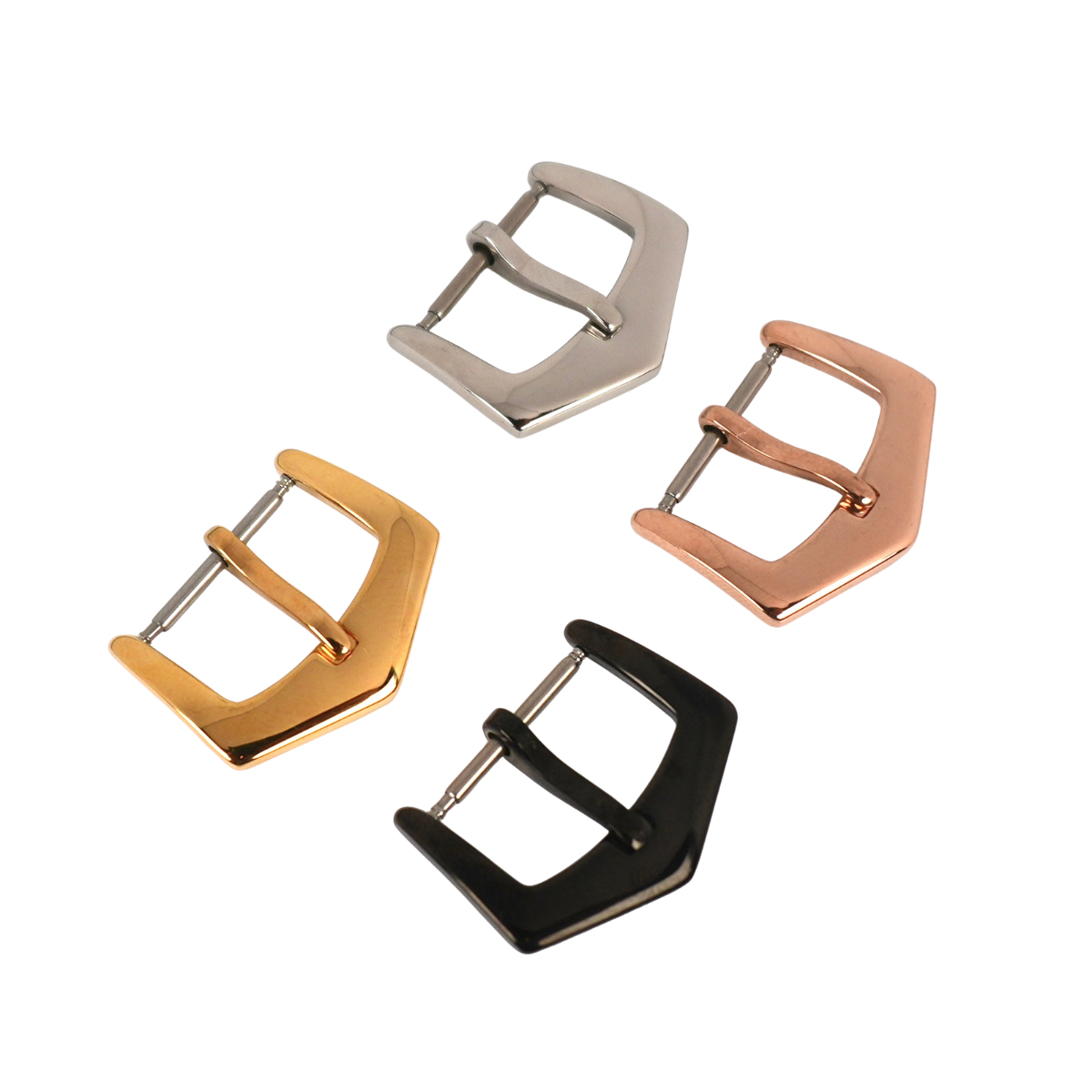 High quality buckles for leather watch straps available in yellow gold, rose gold, stainless steel, and black finishes for secure and elegant closure