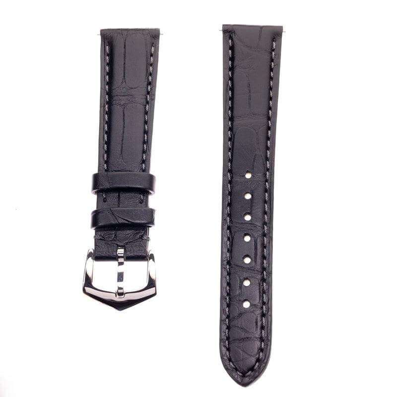 Milano Straps Matt Black Alligator Watch Strap with visible stitching and polished buckle, perfect for 18mm to 22mm luxury watch lugs.