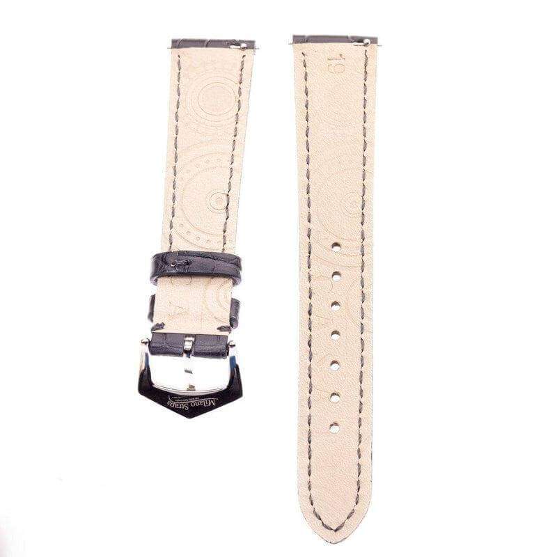 Underside of Matt Black Alligator Watch Strap by Milano Straps, showing beige leather lining and size marking for comfort and authenticity.