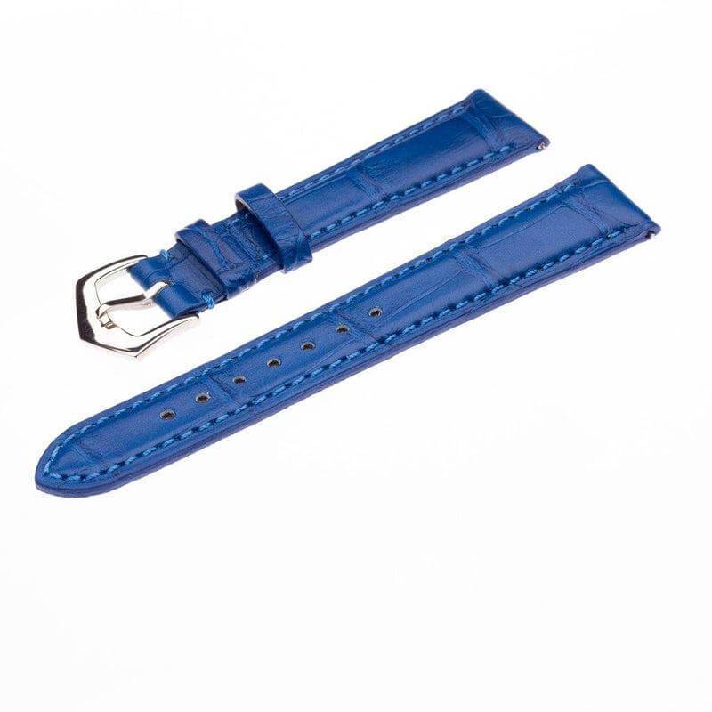 Matt Light Blue Alligator Watch Strap | Milano Straps angled view highlighting the glossy finish and detailed stitching.