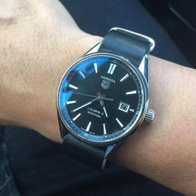 Military Leather  Black Italian Leather Strap - NATO Strap- Milano Straps