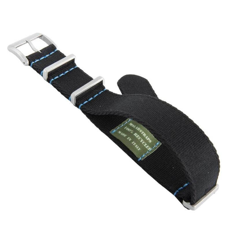 Eco-Friendly Nylon Military Watch Strap -  Black Blue Stitches - Recycled Military Watch Straps- Milano Straps