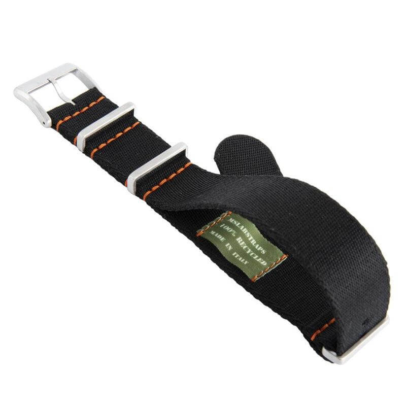 Eco-Friendly  Nylon Military  Watch Strap -  Black Orange Stitches - Recycled Military Watch Straps- Milano Straps